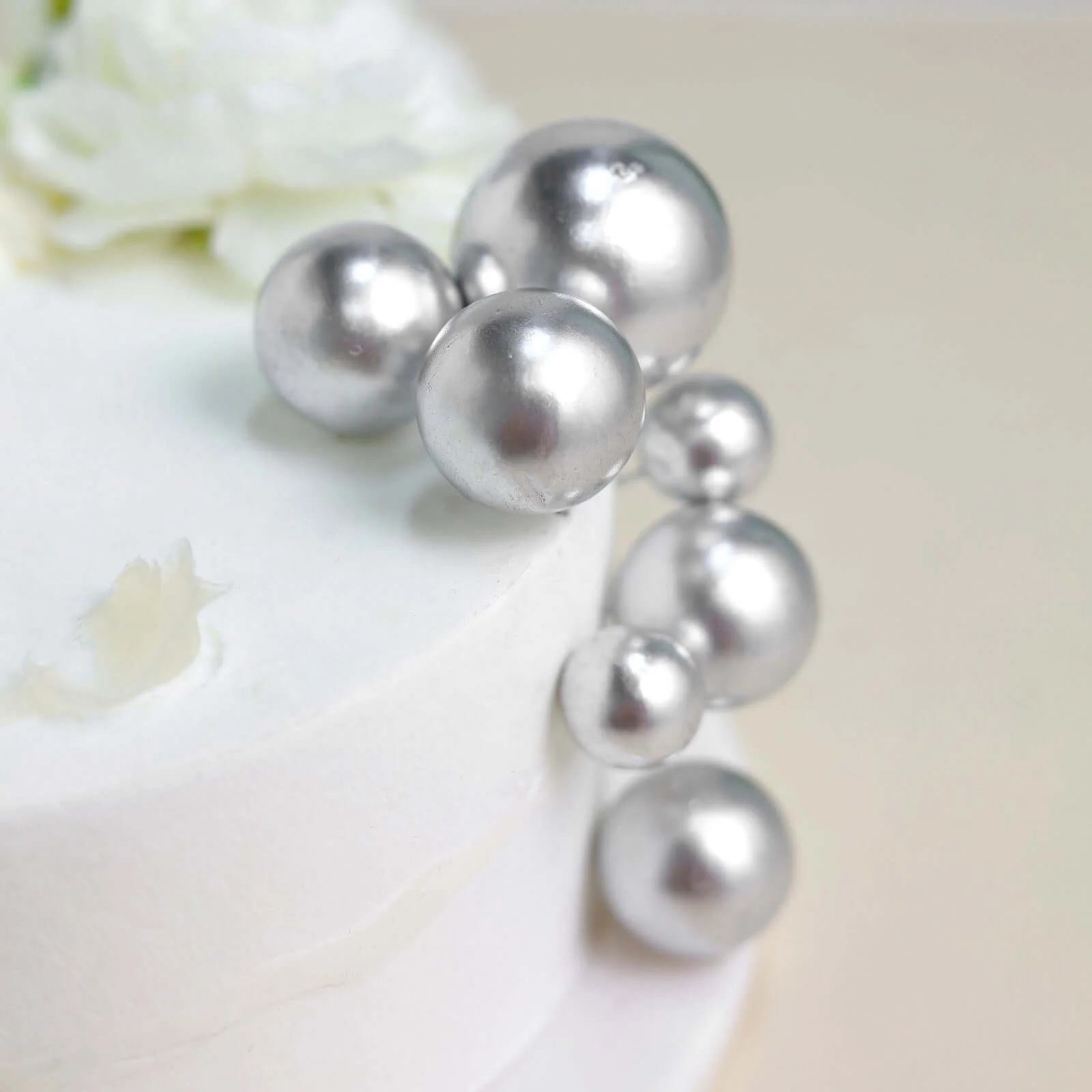 12 Pcs Cake Topper Picks Silver Faux Pearl Ball Design - Foam Balloon DIY Cupcake Decor Supplies Assorted Sizes - Image 2