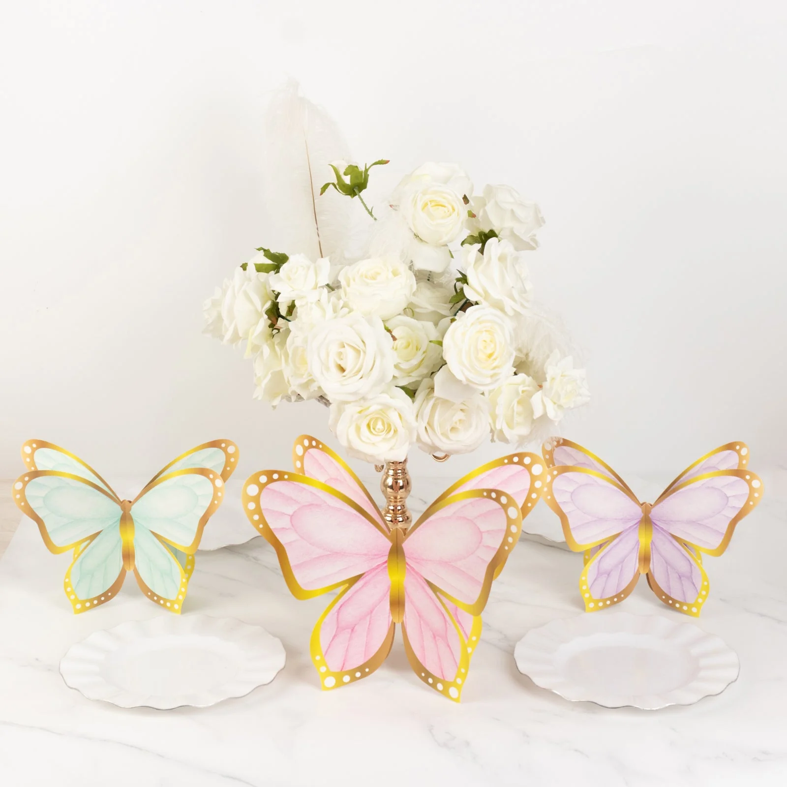 12 Pcs Cardstock Paper 3D Butterfly Table Centerpieces 10", 12", Pastel Color Metallic Gold Foil Accents - Party Decorations with Free-Standing Design - Image 3