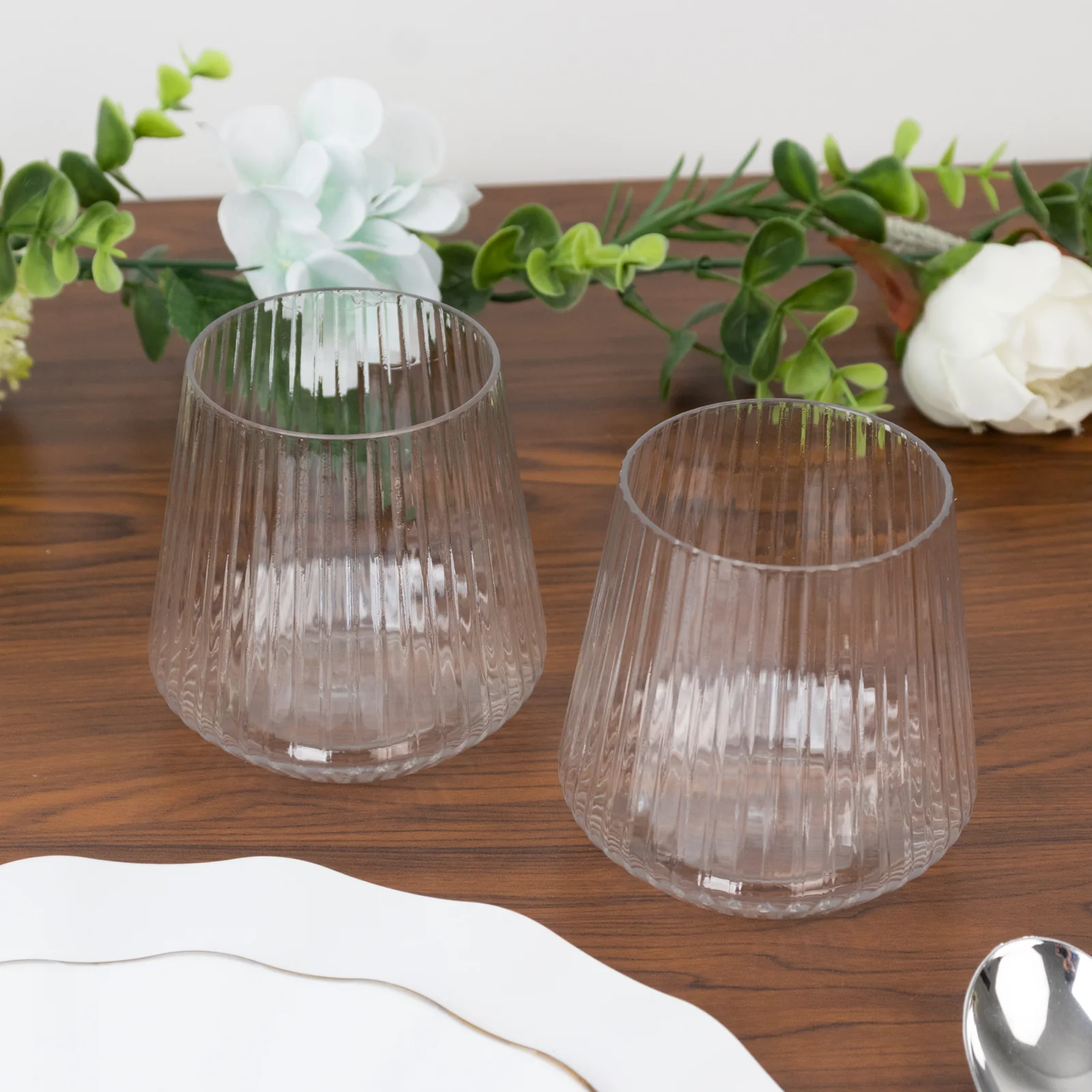 12-Pack Plastic Stemless Wine Glasses – 12oz Clear Ribbed Design, Reusable Shatterproof Cocktail Tumblers - Image 2