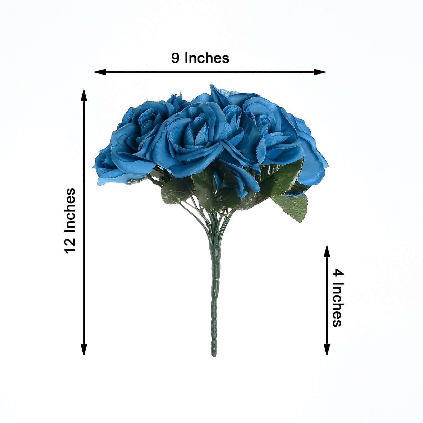 Royal Blue Artificial Velvet-Like Fabric Rose Flower Bouquet Bush 12" - Image 3