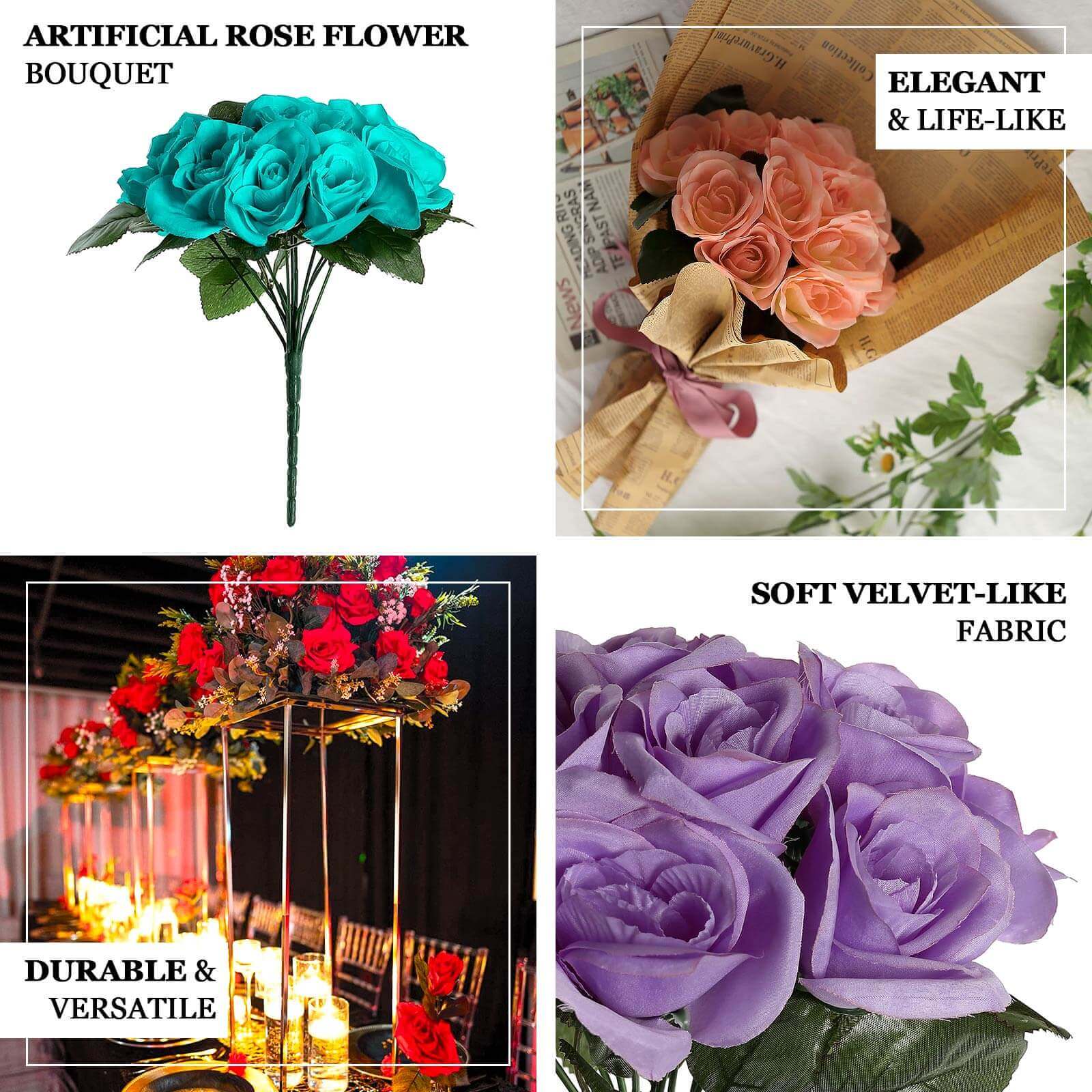 Royal Blue Artificial Velvet-Like Fabric Rose Flower Bouquet Bush 12" - Image 4