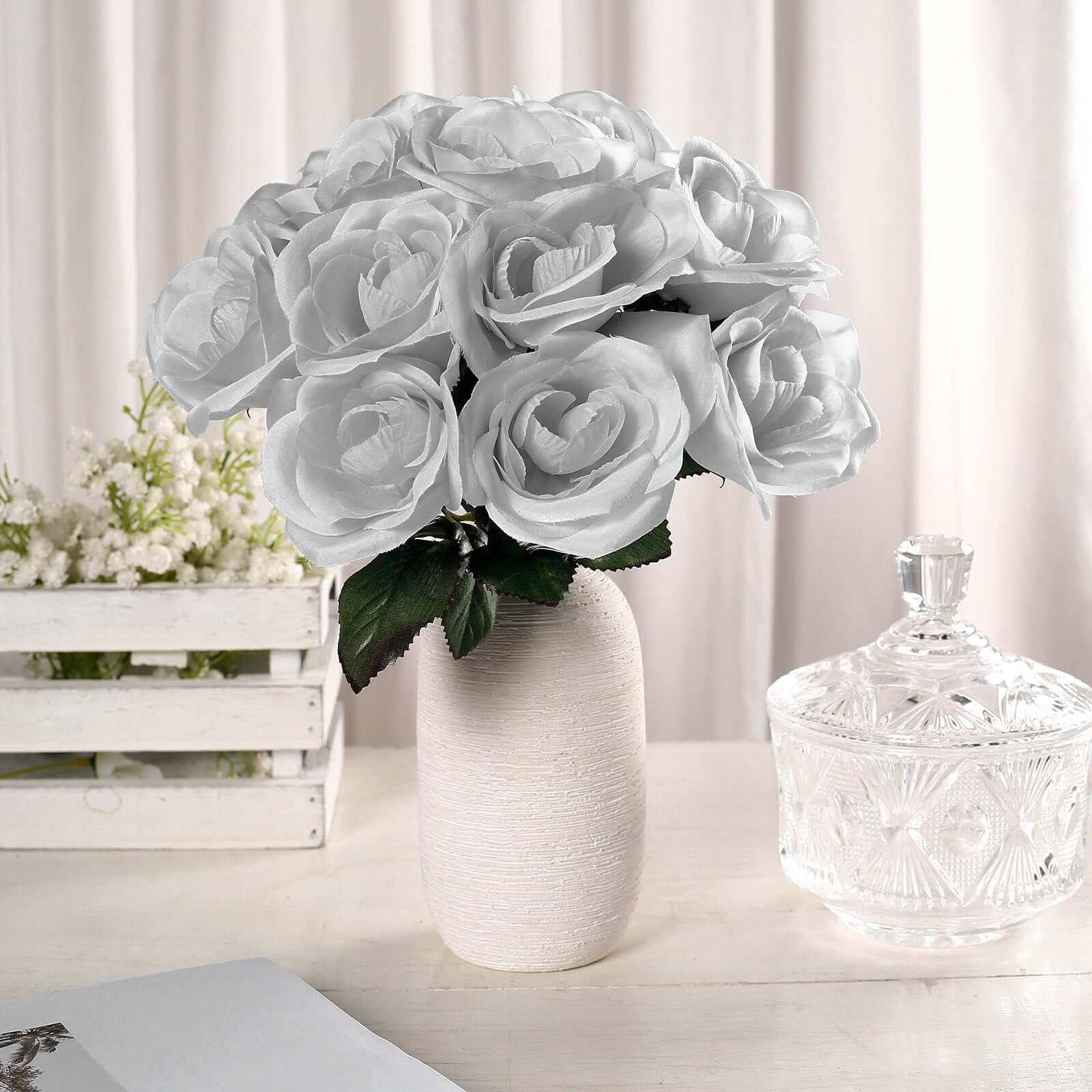 Silver Artificial Velvet-Like Fabric Rose Flower Bouquet Bush 12" - Image 2
