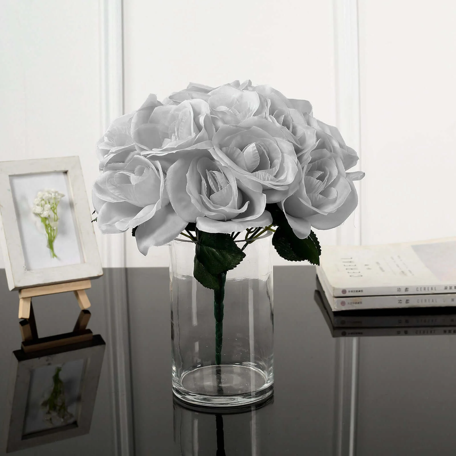 Silver Artificial Velvet-Like Fabric Rose Flower Bouquet Bush 12" - Image 7
