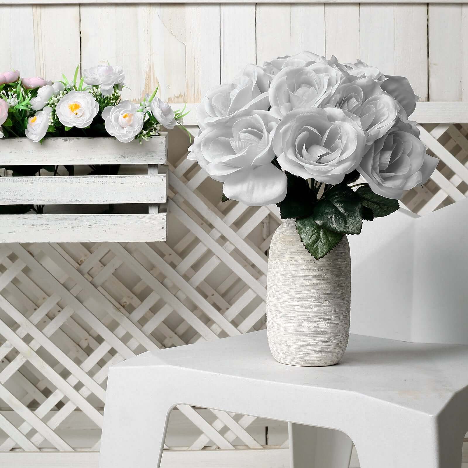 Silver Artificial Velvet-Like Fabric Rose Flower Bouquet Bush 12" - Image 9