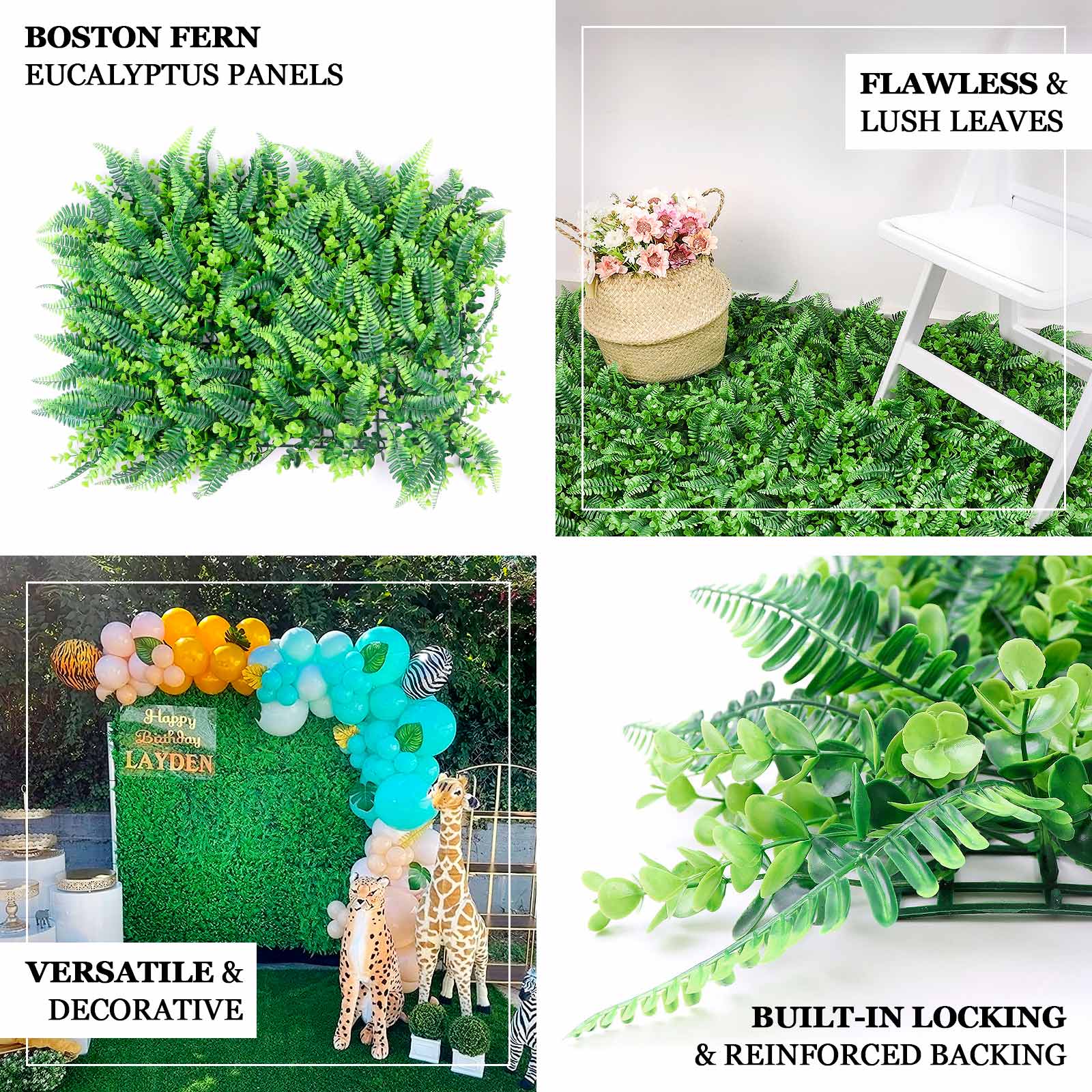Artificial Boston Fern Eucalyptus Boxwood Greenery Garden Wall, Grass Backdrop Mat, Indoor/Outdoor UV Protected Assorted Foliage 4 Panels 12 Sq. ft. - Image 4