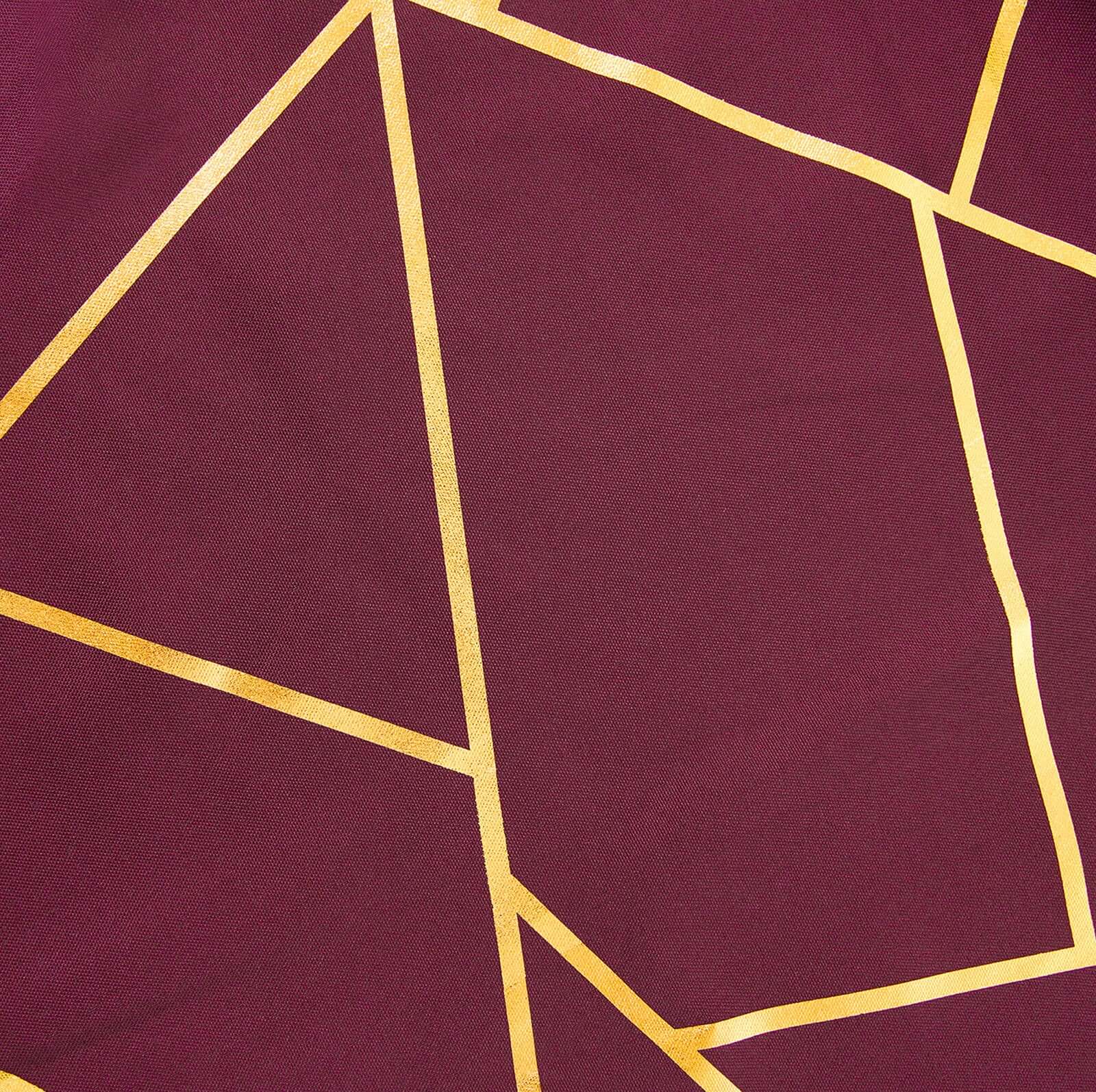 Burgundy Seamless Round Polyester Tablecloth With Gold Foil Geometric Pattern 120" for 5 Foot Table With Floor-Length Drop - Image 11