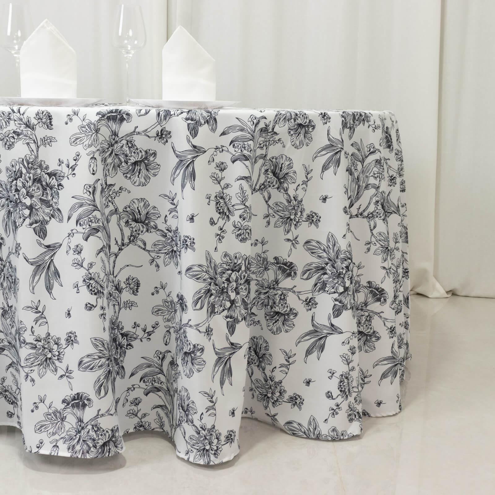 Polyester Round Tablecloth 120" White with Black French Toile Pattern - Sophisticated Table Cover for Chic Weddings & Events - Image 8