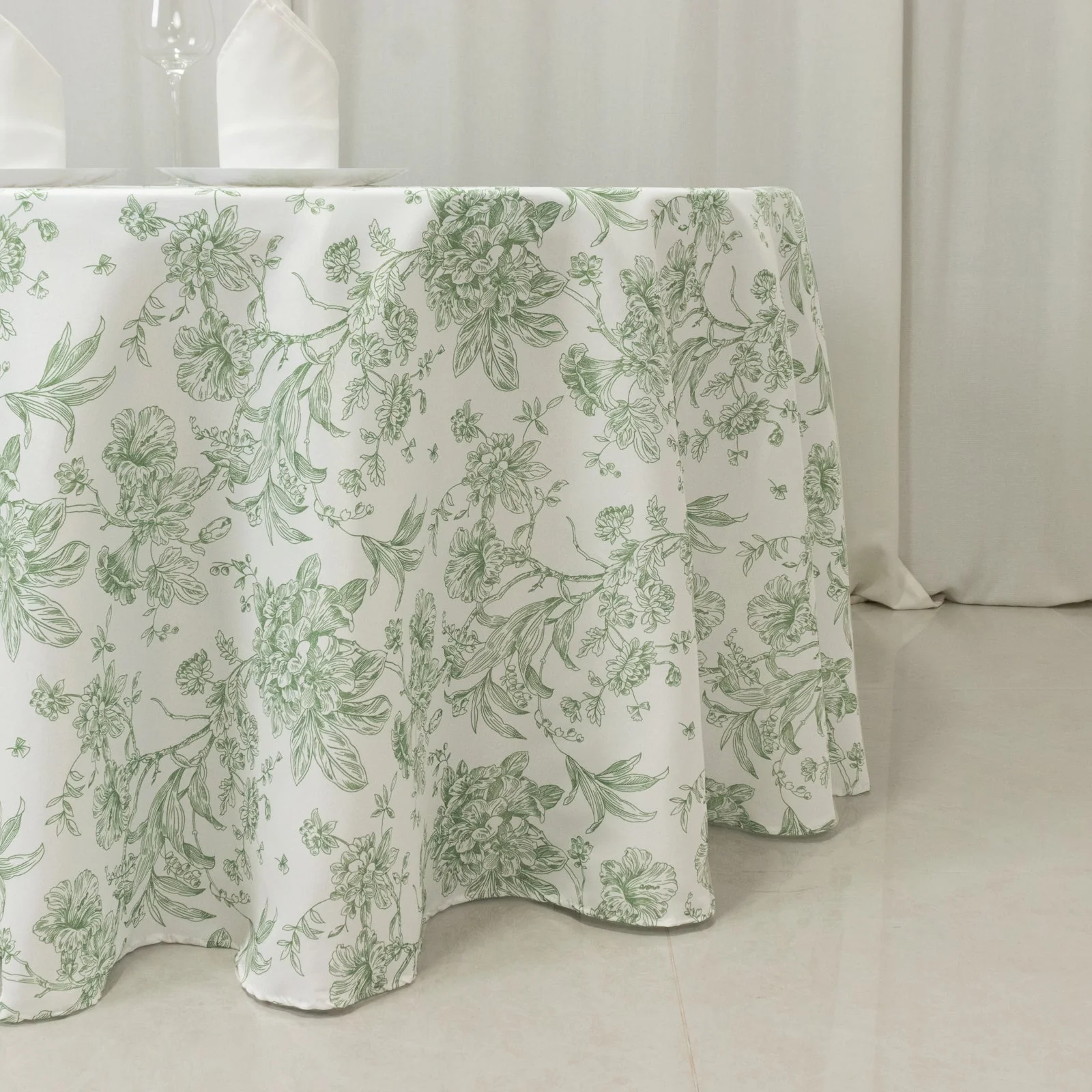 Polyester Round Tablecloth 120" White with Dusty Sage Green French Toile Pattern - Sophisticated Table Cover for Chic Weddings & Events - Image 8