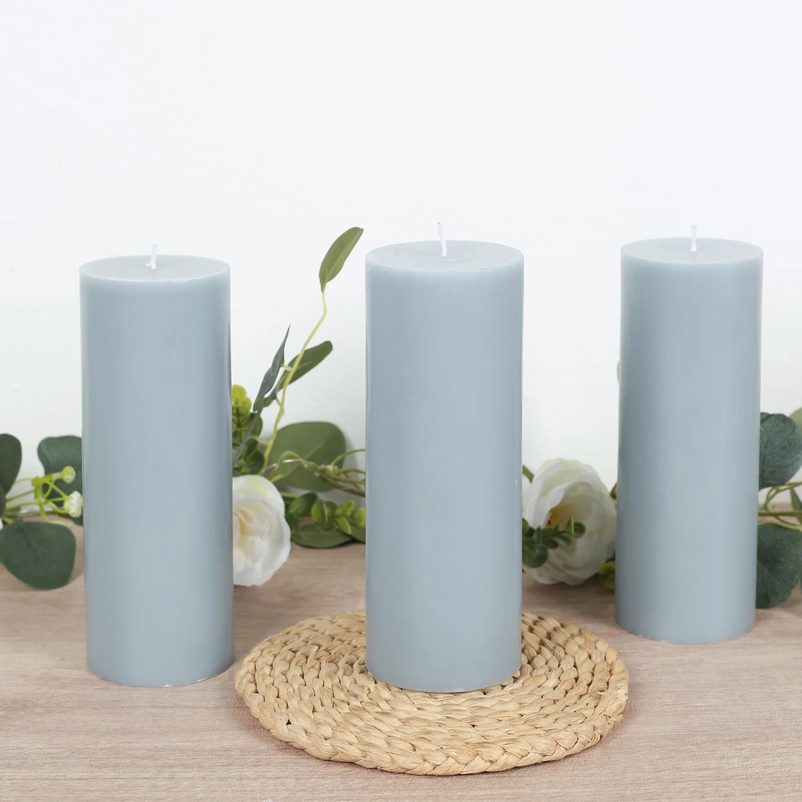 12-Pack Unscented Pillar Candles – Dripless 3"x8" Dusty Blue Paraffin Wax with Smokeless Cotton Wicks, Clean & Long-Lasting Burn for Weddings, Home & Event Decor