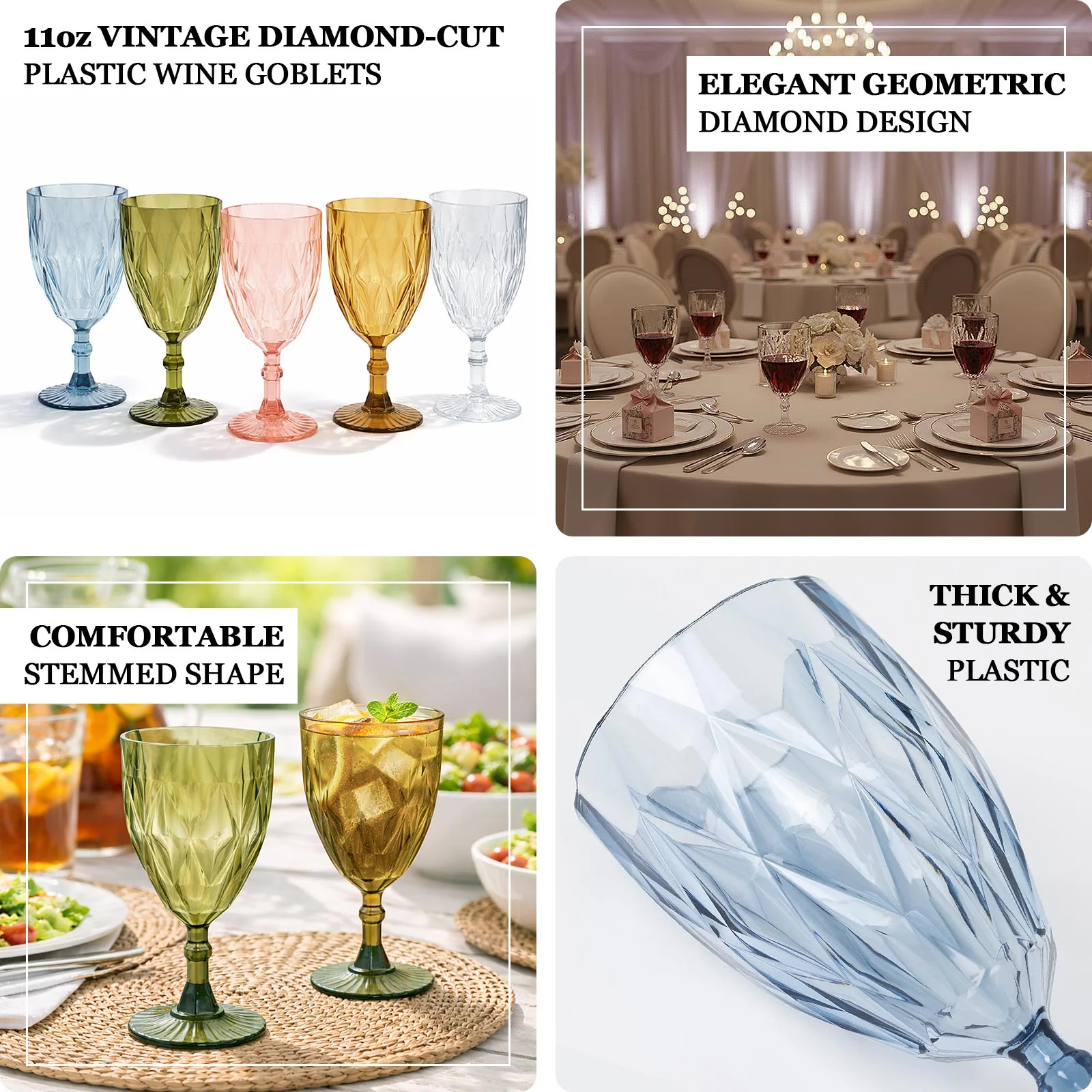 12 Pack Diamond Cut Vintage Plastic Wine Goblets – Dusty Blue 11oz Embossed Reusable Drink & Cocktail Glasses - Image 4