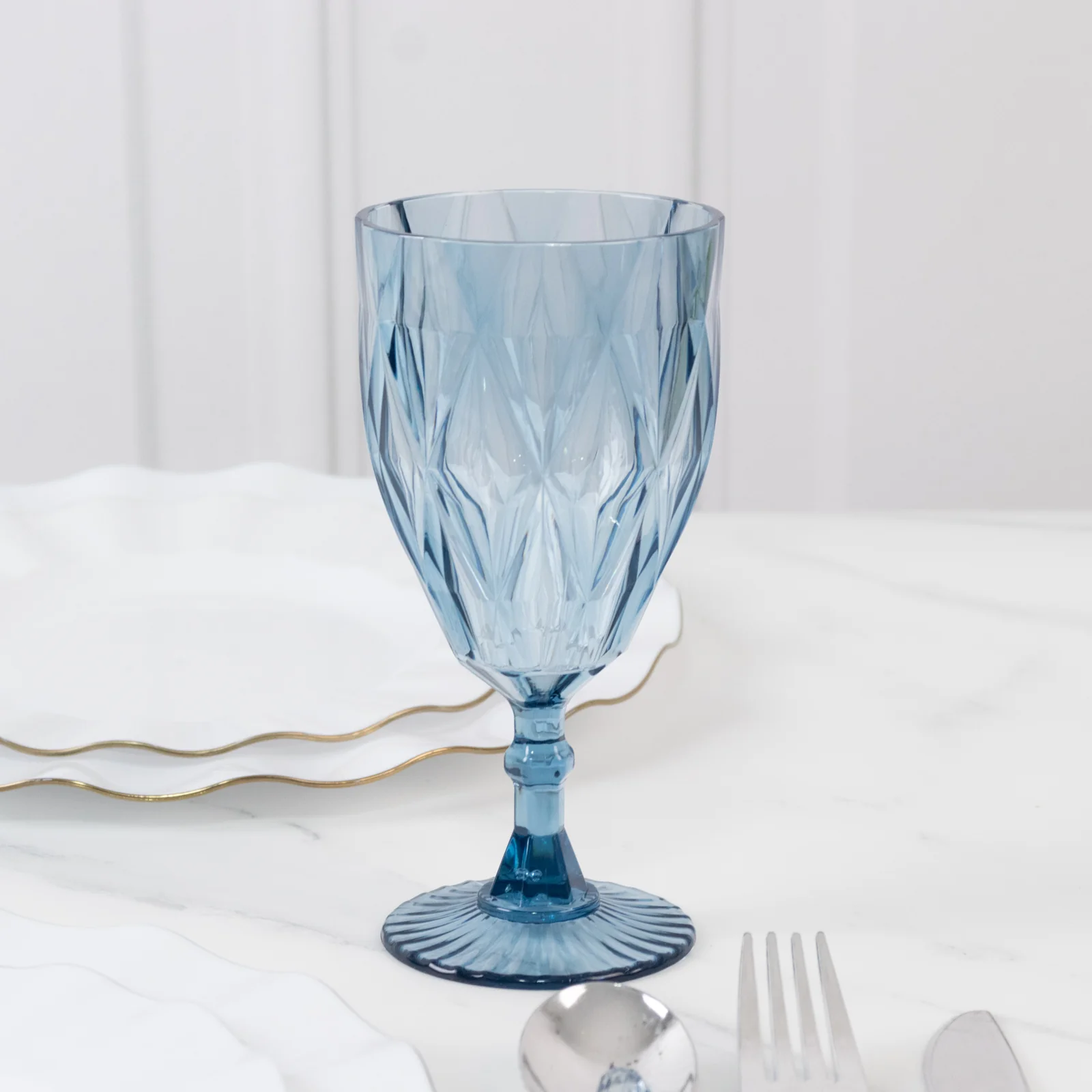 12 Pack Diamond Cut Vintage Plastic Wine Goblets – Dusty Blue 11oz Embossed Reusable Drink & Cocktail Glasses - Image 9