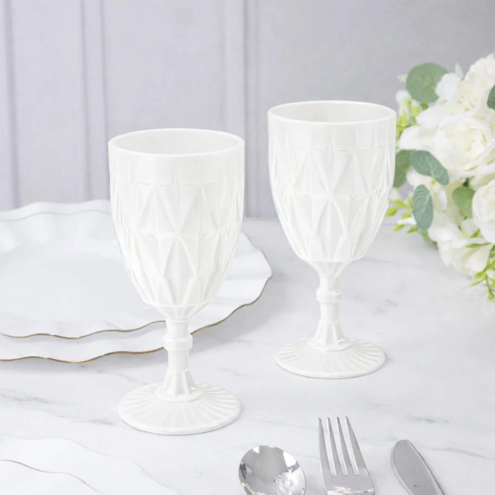 12 Pack Diamond Cut Vintage Plastic Wine Goblets – Pearl White 11oz Embossed Reusable Drink & Cocktail Glasses - Image 8