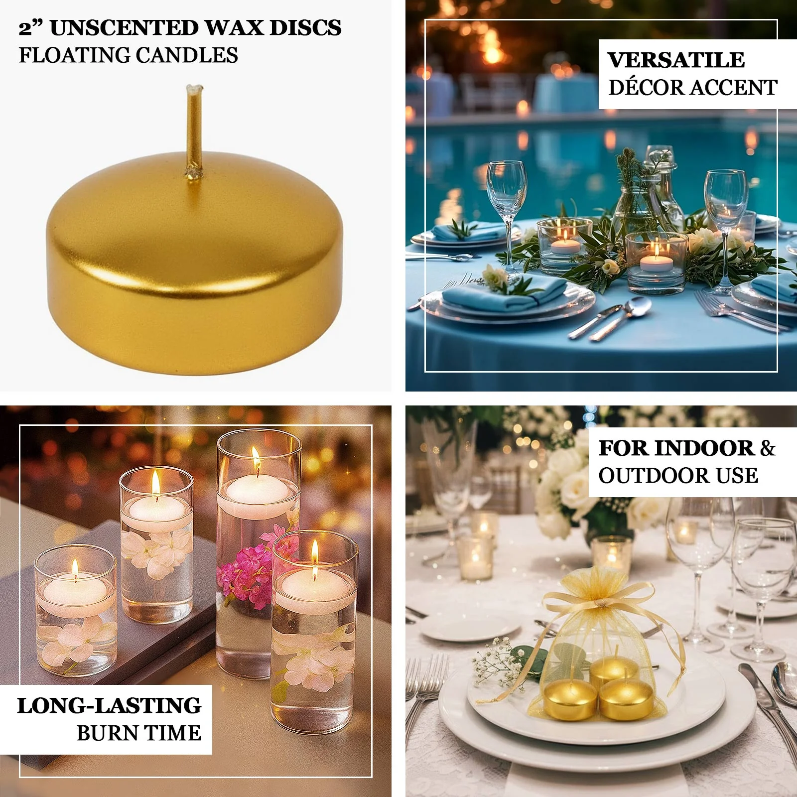 12 Pack Metallic Gold Floating Candles 2" – Unscented Dripless Long Burn Disc Wax Candles for Centerpieces & Vases - Image 4