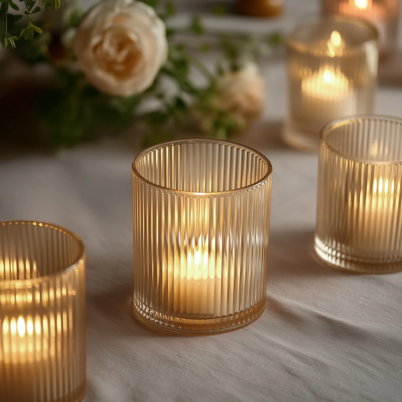 12 Pack Glass Votive Candle Holders – Amber Gold, 2.5" Ribbed Tealight Cups for Tabletop Lighting - Image 2