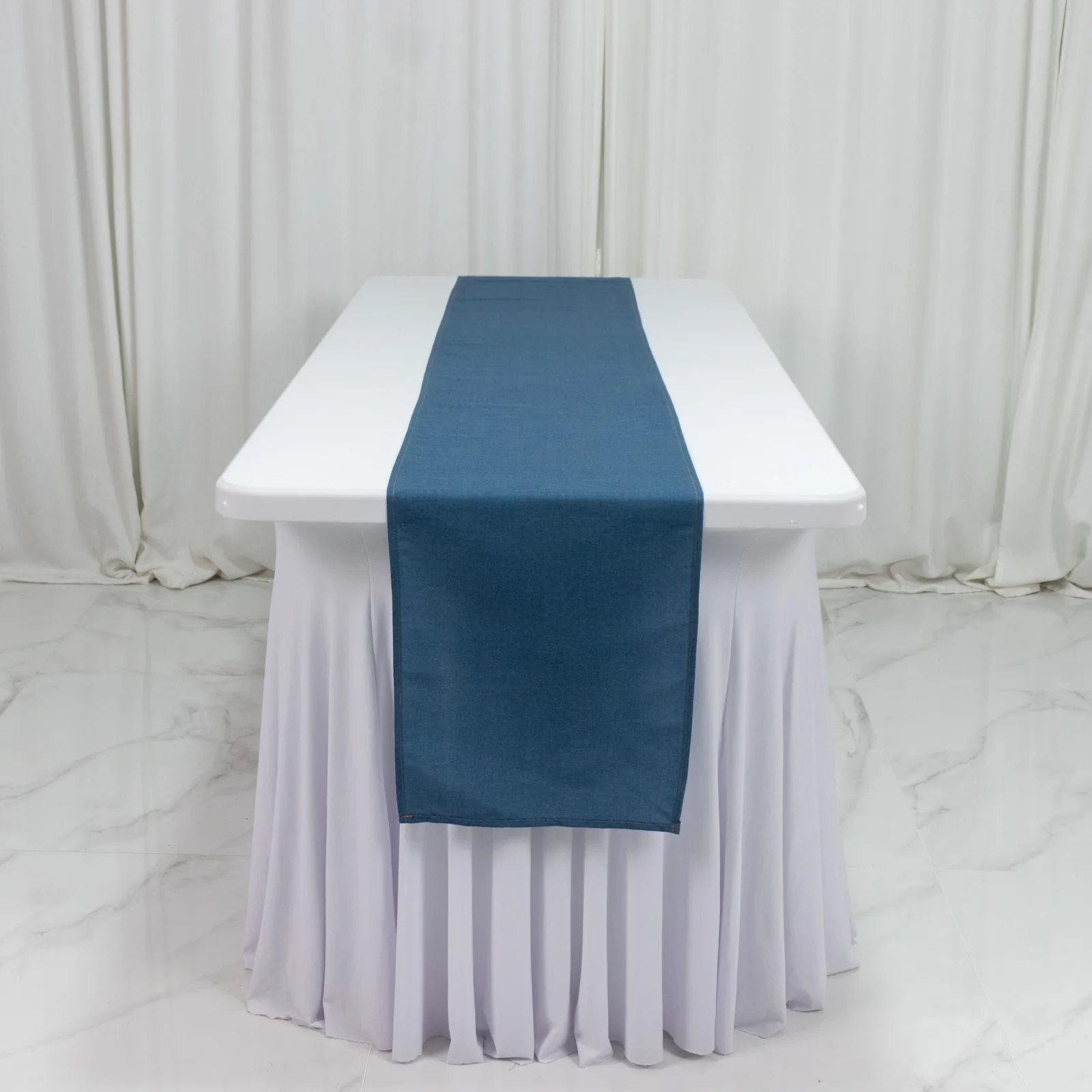Polyester Table Runner 12"x108" Denim Blue with Faux Denim Design, Wrinkle & Stain Resistant for Modern Events