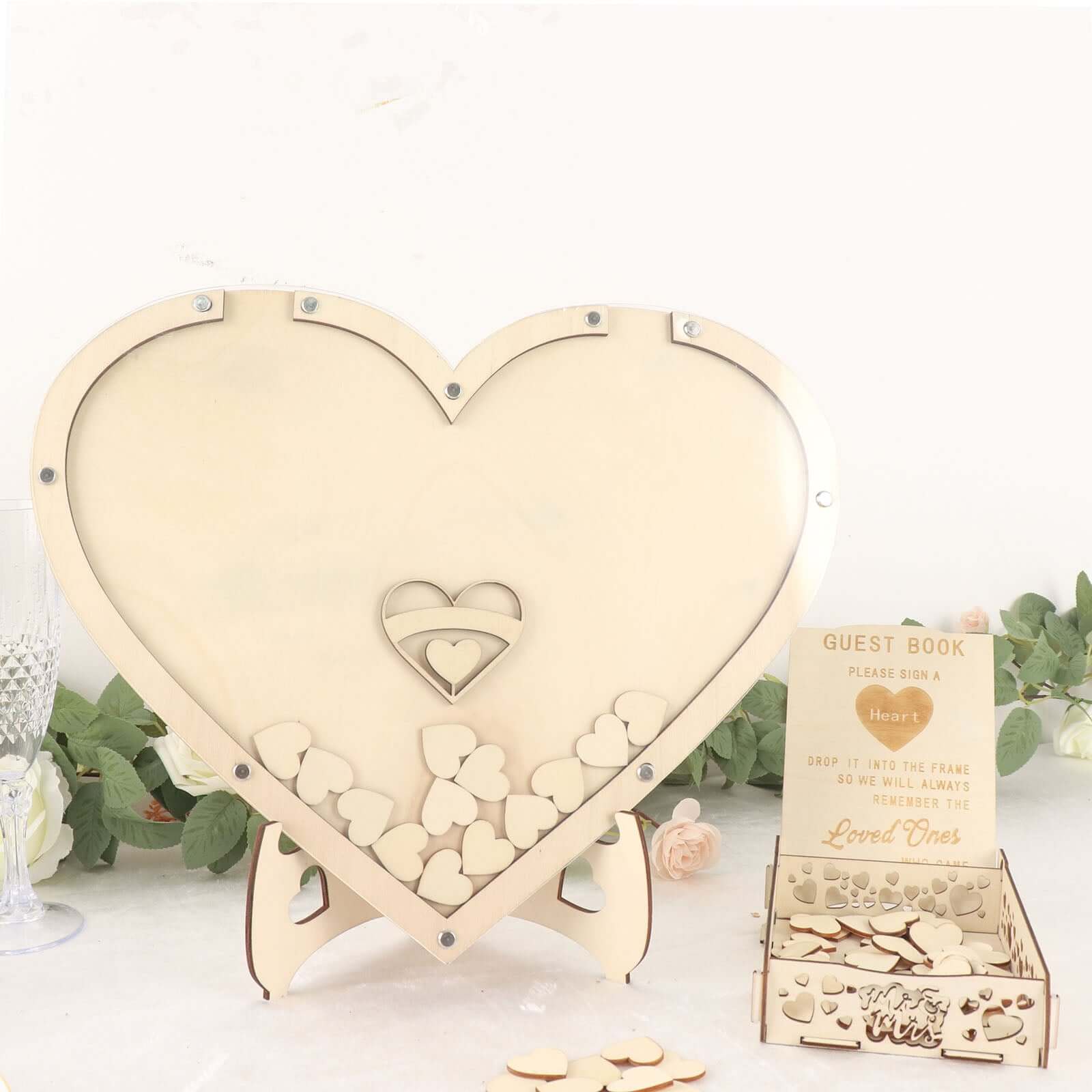 Rustic Heart Drop Top Frame Wedding Guest Book Sign, Wooden Display Stand Alternative 13"