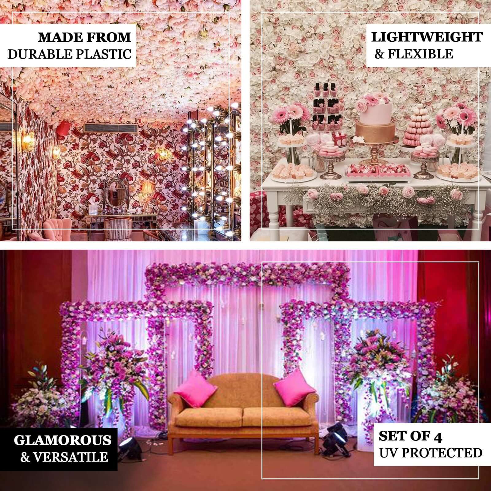 White/Champagne UV Protected Assorted Flower Wall Mat Backdrop 4 Artificial Panels 13 Sq ft. - Image 4
