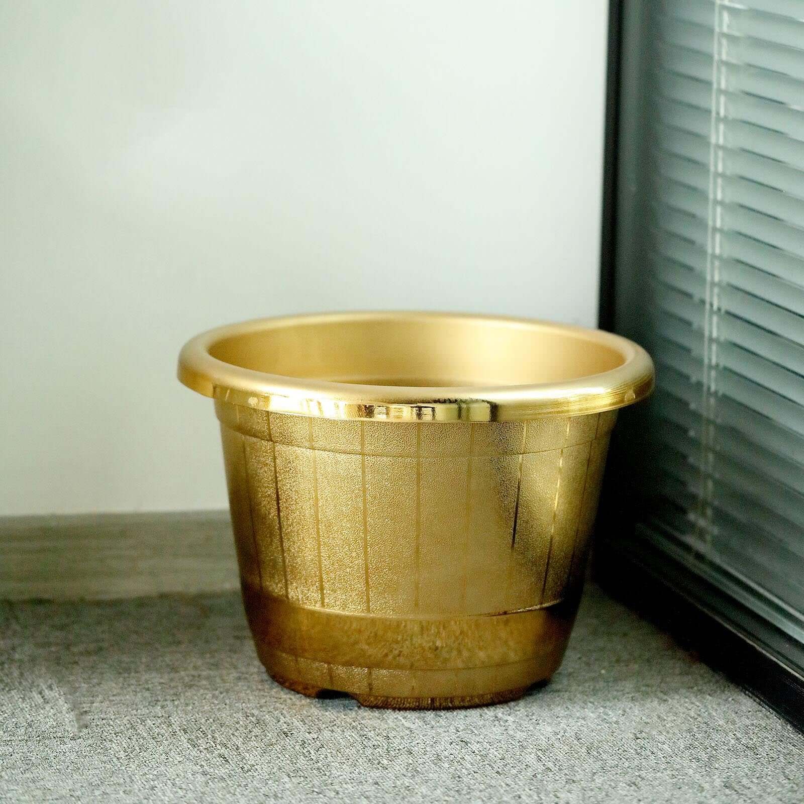 Gold Shiny Finished Rim Large Barrel Planter Pot, Indoor/Outdoor Decorative Flower Pot 14" - Image 6