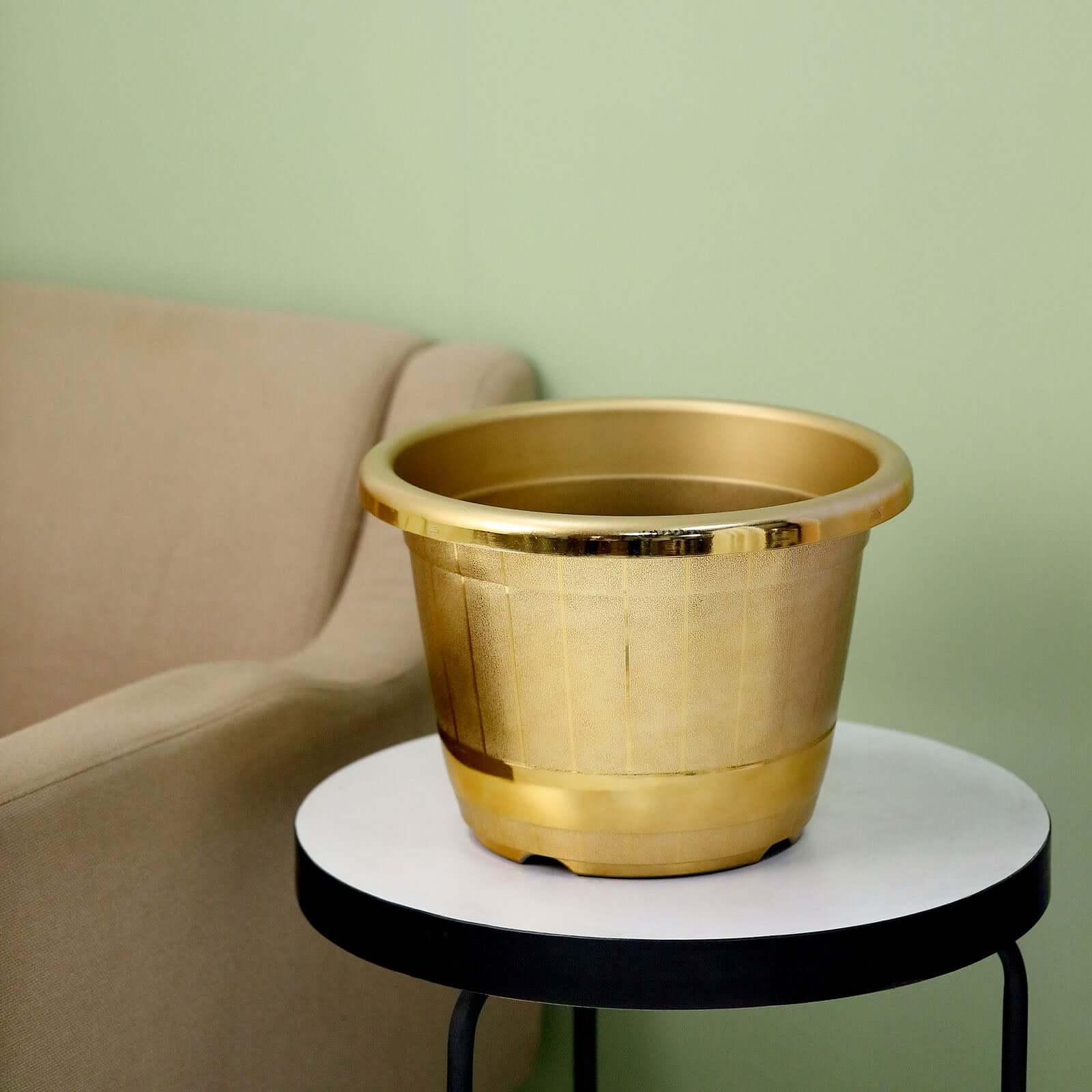 Gold Shiny Finished Rim Large Barrel Planter Pot, Indoor/Outdoor Decorative Flower Pot 14" - Image 9