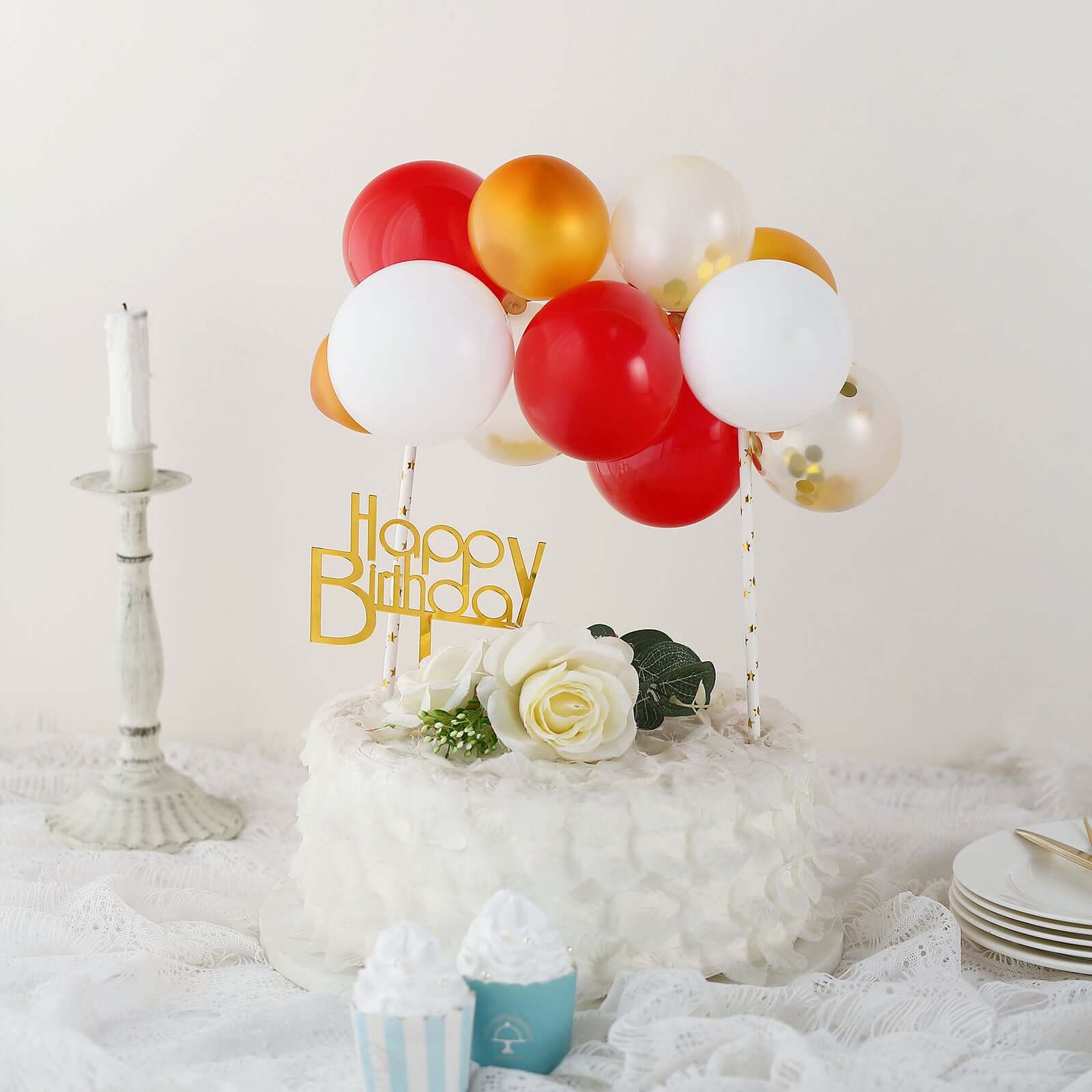 14 Pcs Confetti Balloon Cake Topper Kit Clear, Gold, Red and White - Vibrant Clustered Mini Garland Cake Inserts for DIY Party Decorations - Image 8