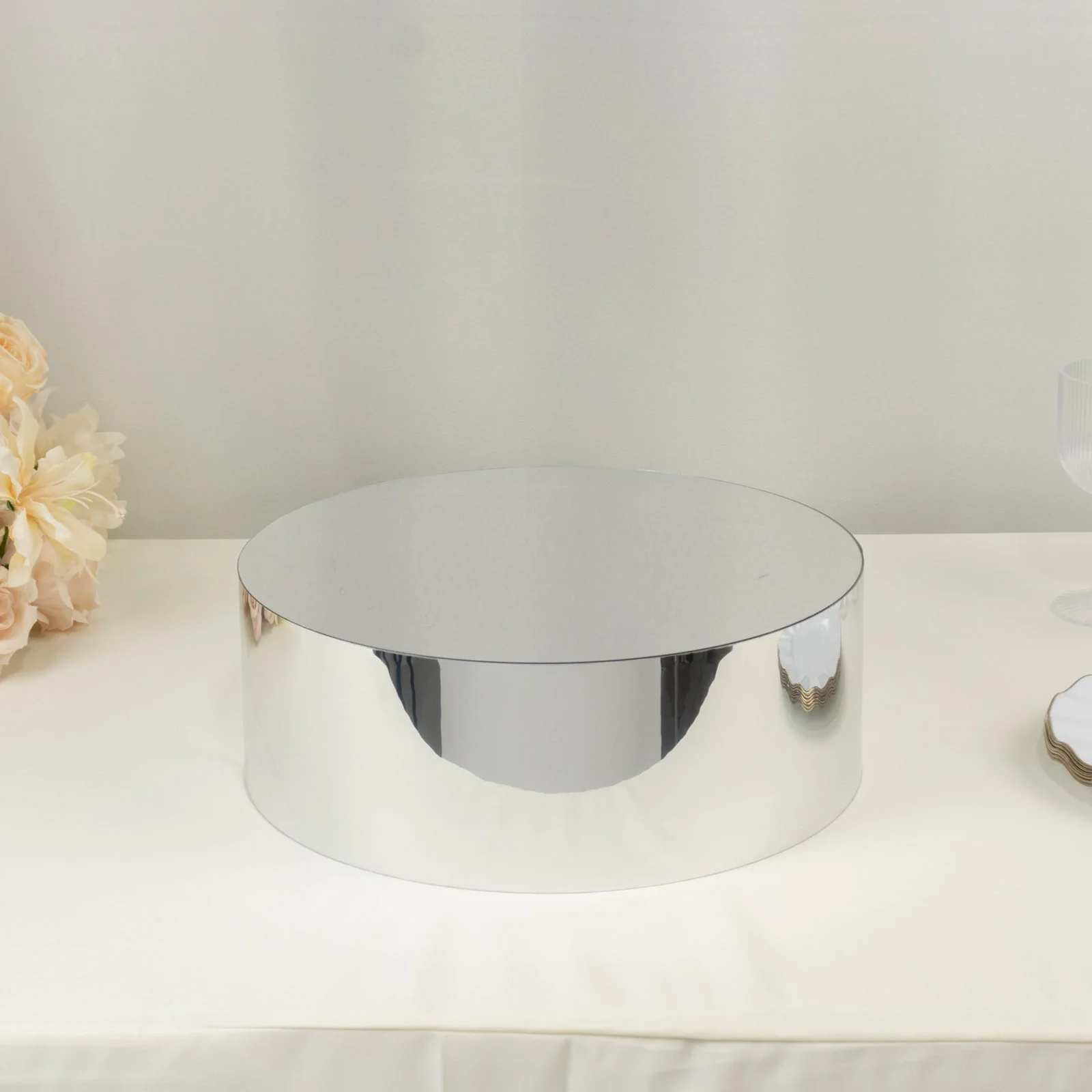 Acrylic Cake Stand 14" Round Display Box Mirror Finish Silver - Fillable Pedestal Riser with Hollow Bottom - Image 7