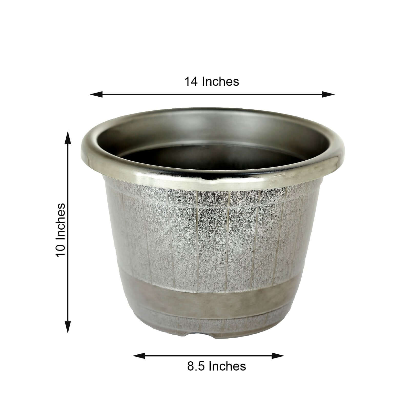 Silver Chrome Finished Rim Large Barrel Planter Pot, Indoor/Outdoor Decorative Flower Pot 14" - Image 3