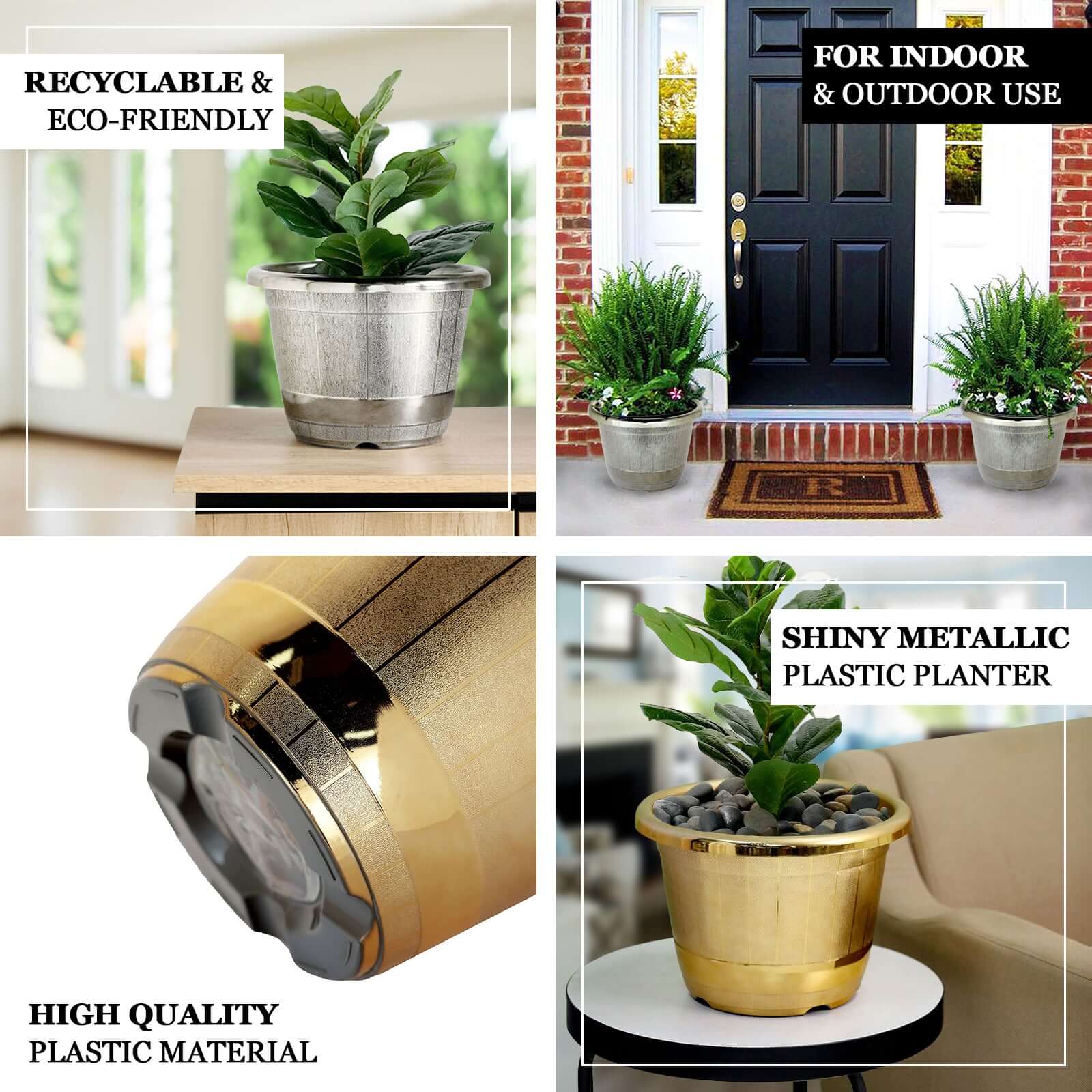 Silver Chrome Finished Rim Large Barrel Planter Pot, Indoor/Outdoor Decorative Flower Pot 14" - Image 4