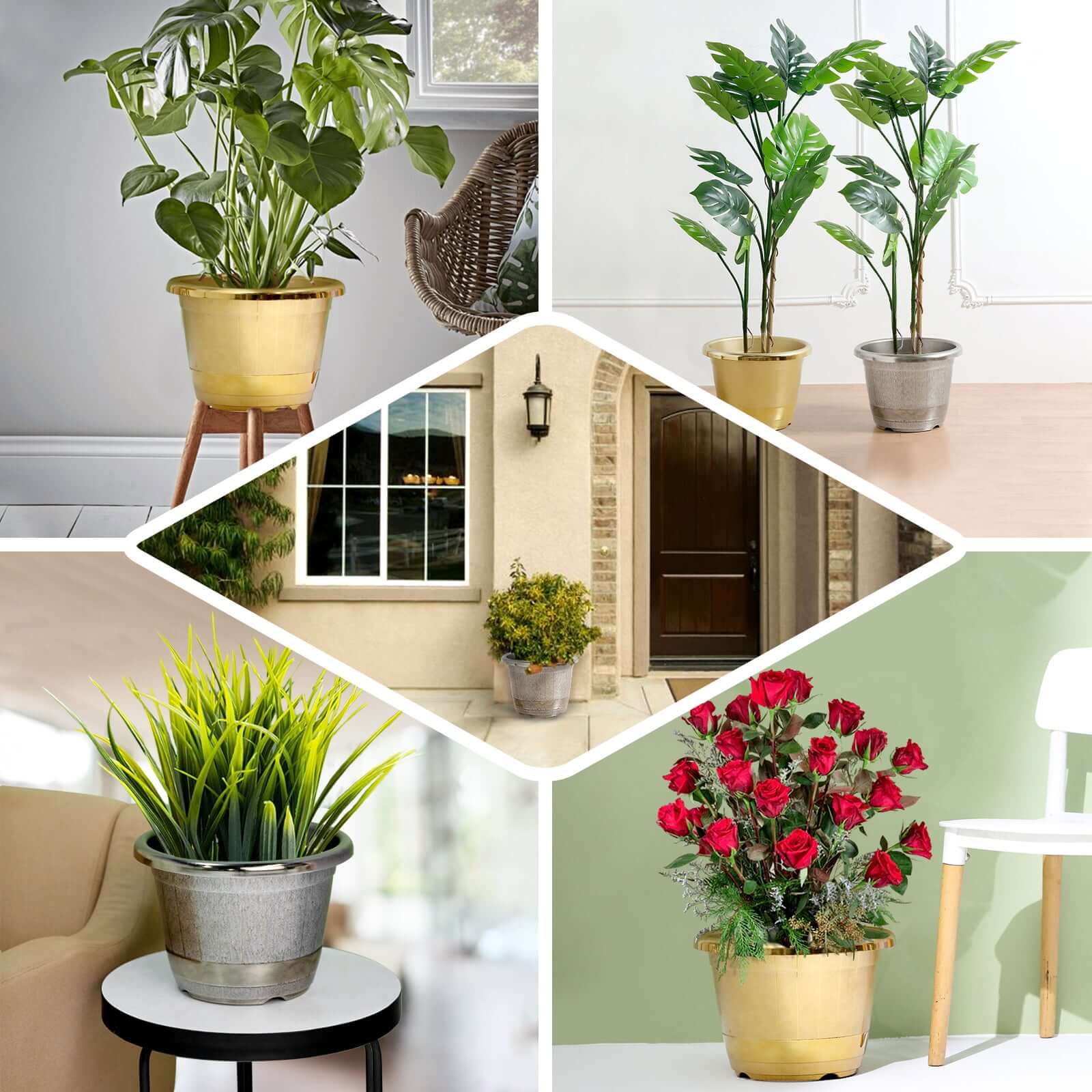 Silver Chrome Finished Rim Large Barrel Planter Pot, Indoor/Outdoor Decorative Flower Pot 14" - Image 5