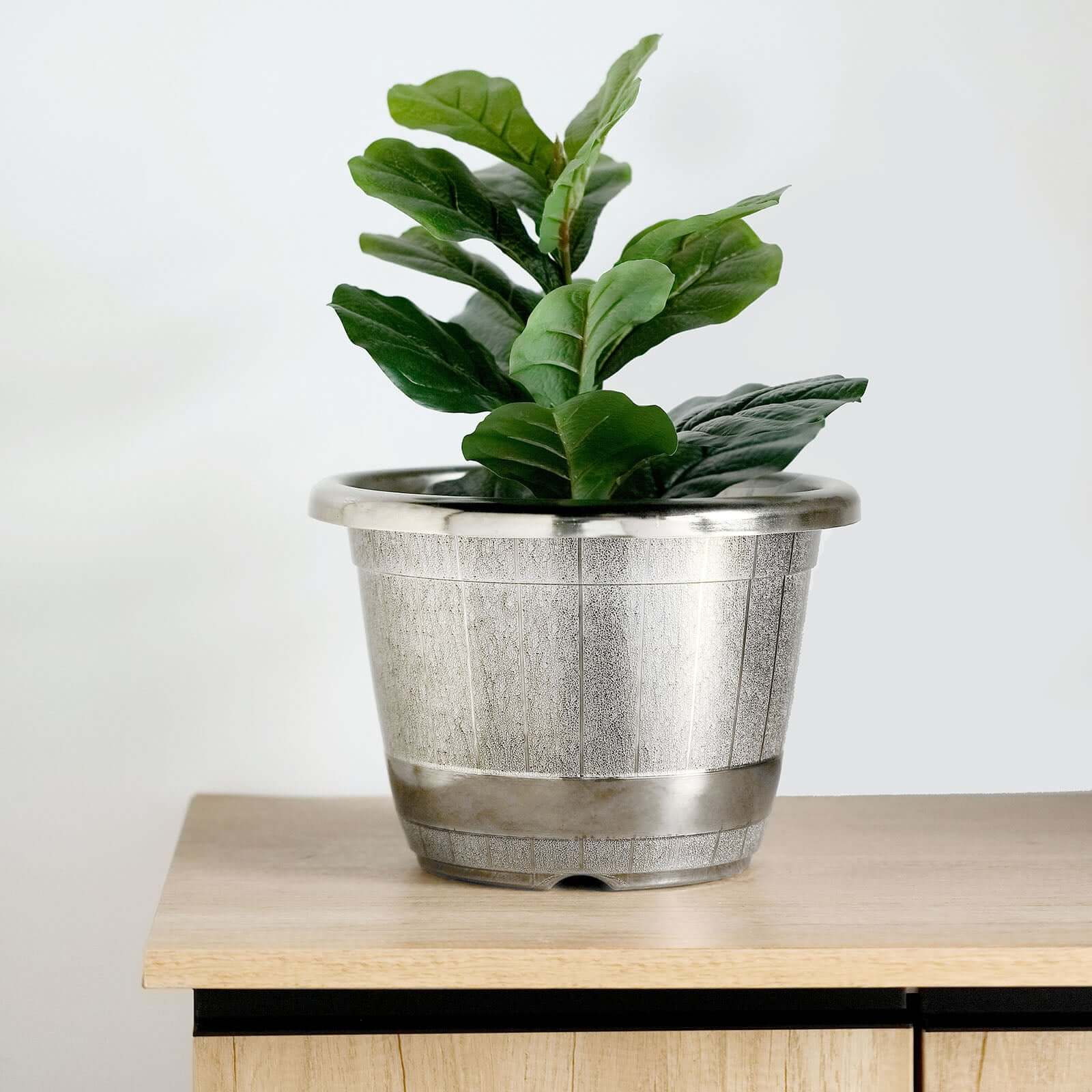 Silver Chrome Finished Rim Large Barrel Planter Pot, Indoor/Outdoor Decorative Flower Pot 14" - Image 6