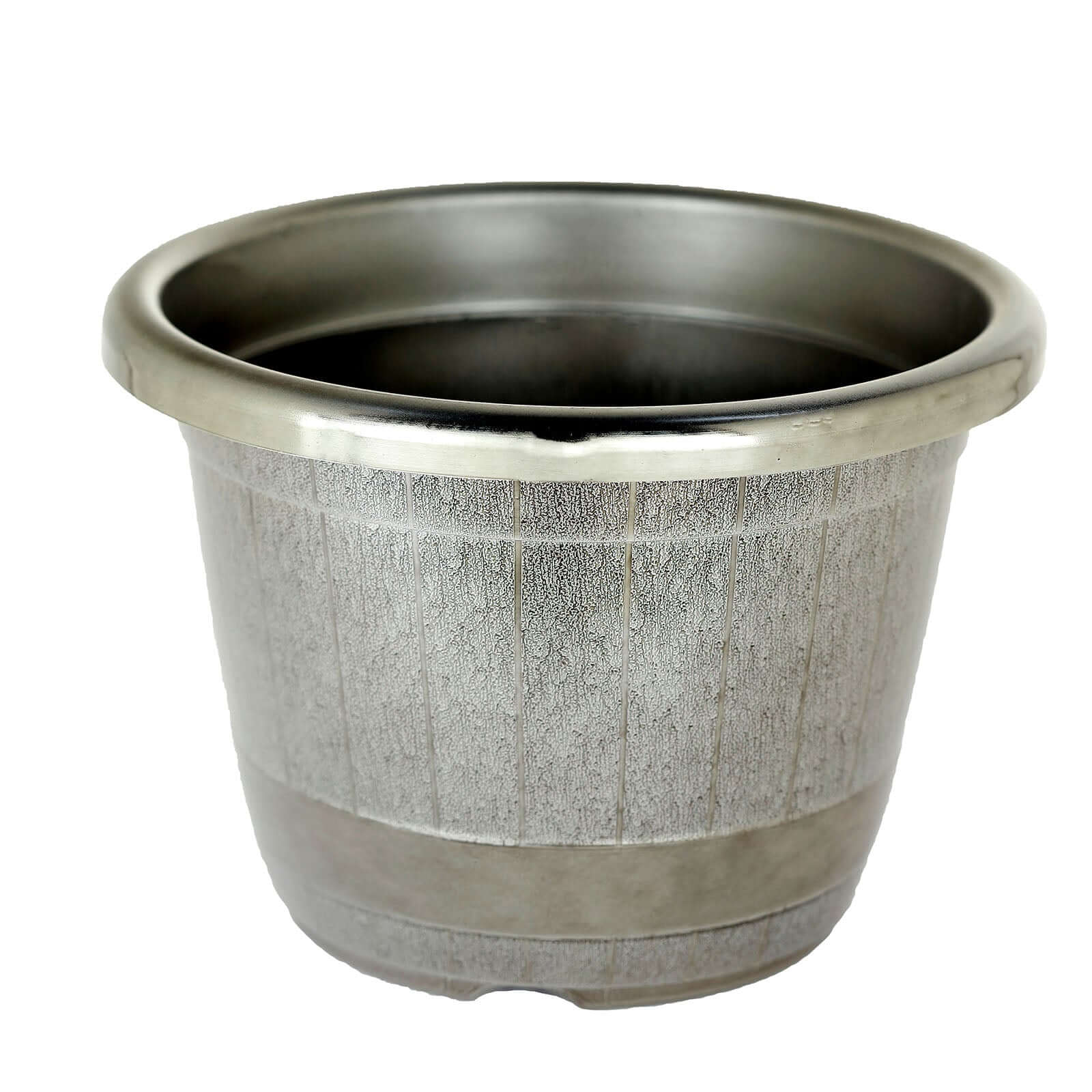 Silver Chrome Finished Rim Large Barrel Planter Pot, Indoor/Outdoor Decorative Flower Pot 14" - Image 7