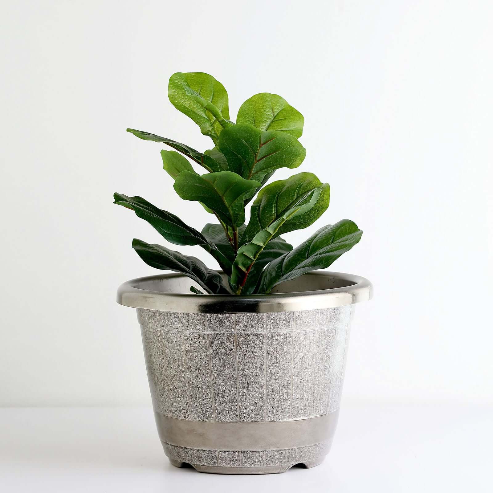 Silver Chrome Finished Rim Large Barrel Planter Pot, Indoor/Outdoor Decorative Flower Pot 14" - Image 8