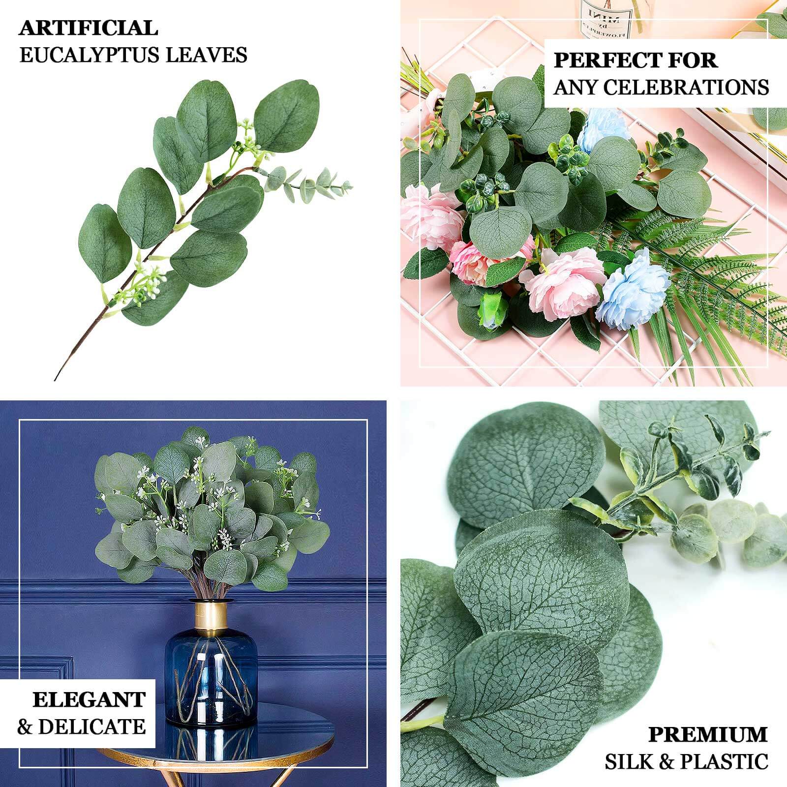 14 Stems Real Touch Artificial Eucalyptus Leaf Flower Bouquet, Faux Silver Dollar Branches, Vase Floral Arrangement 12" - Image 4