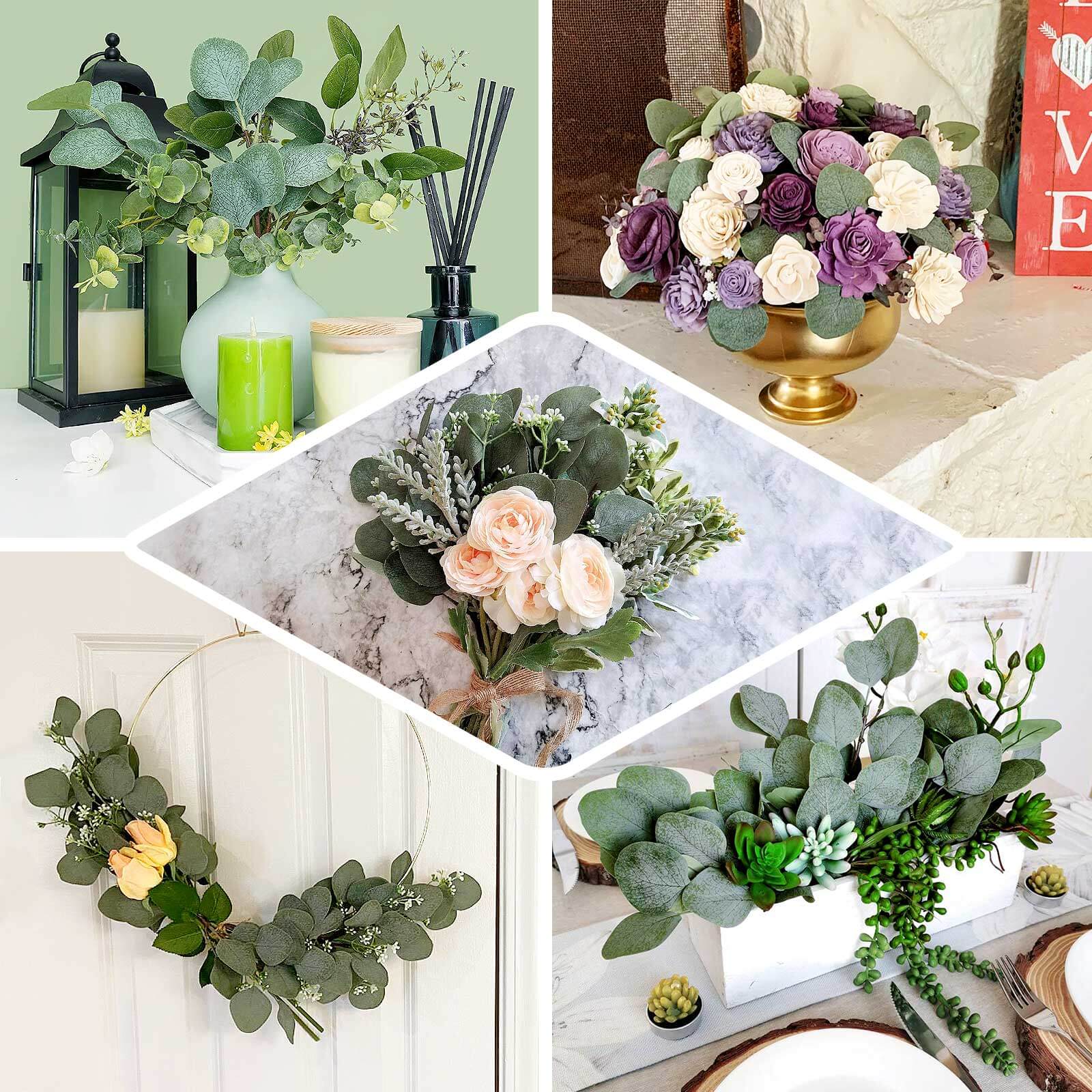 14 Stems Real Touch Artificial Eucalyptus Leaf Flower Bouquet, Faux Silver Dollar Branches, Vase Floral Arrangement 12" - Image 5
