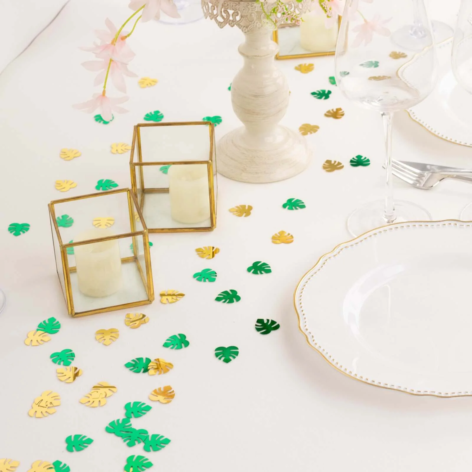 15G Bag Metallic Green and Gold Tropical Palm Leaf Table Confetti, Shiny Monstera Leaves Party Scatters - Vibrant and Eye-Catching Design - Image 5
