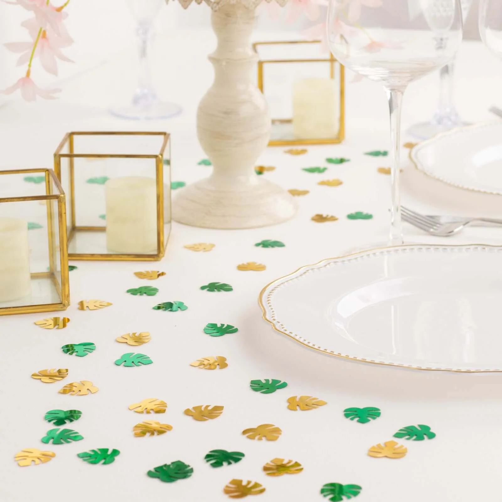 15G Bag Metallic Green and Gold Tropical Palm Leaf Table Confetti, Shiny Monstera Leaves Party Scatters - Vibrant and Eye-Catching Design - Image 6