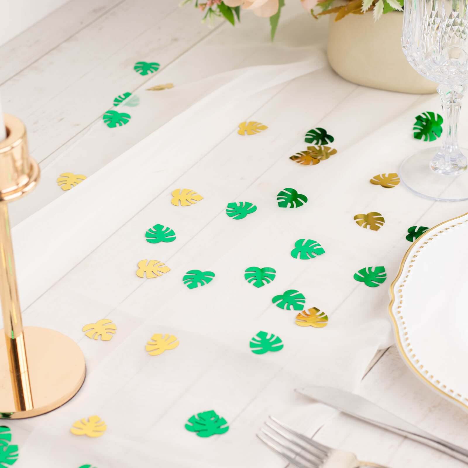 15G Bag Metallic Green and Gold Tropical Palm Leaf Table Confetti, Shiny Monstera Leaves Party Scatters - Vibrant and Eye-Catching Design - Image 8