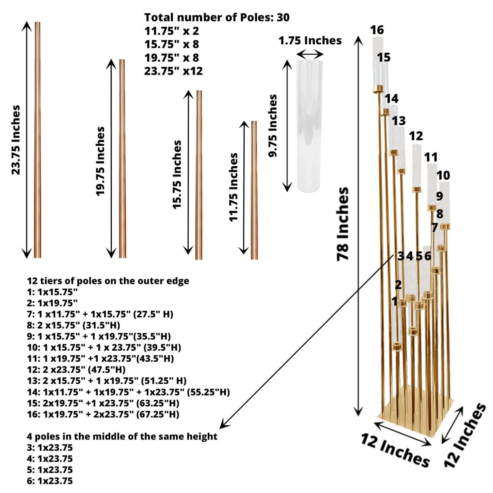 16-Arm Gold Cluster Taper Candle Holder with Clear Glass Shades 78" - Majestic Large Candle Arrangement for Ceremonies - Image 3