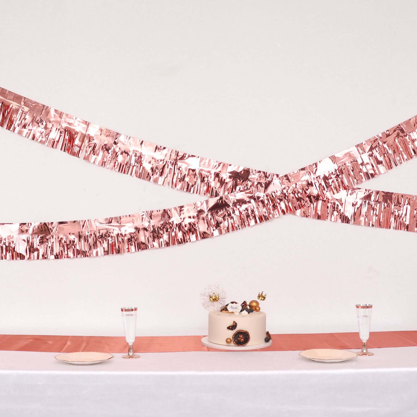 Metallic Rose Gold Foil Tassel Fringe Backdrop Banner, Tinsel Garland Decor 16ft - Image 8