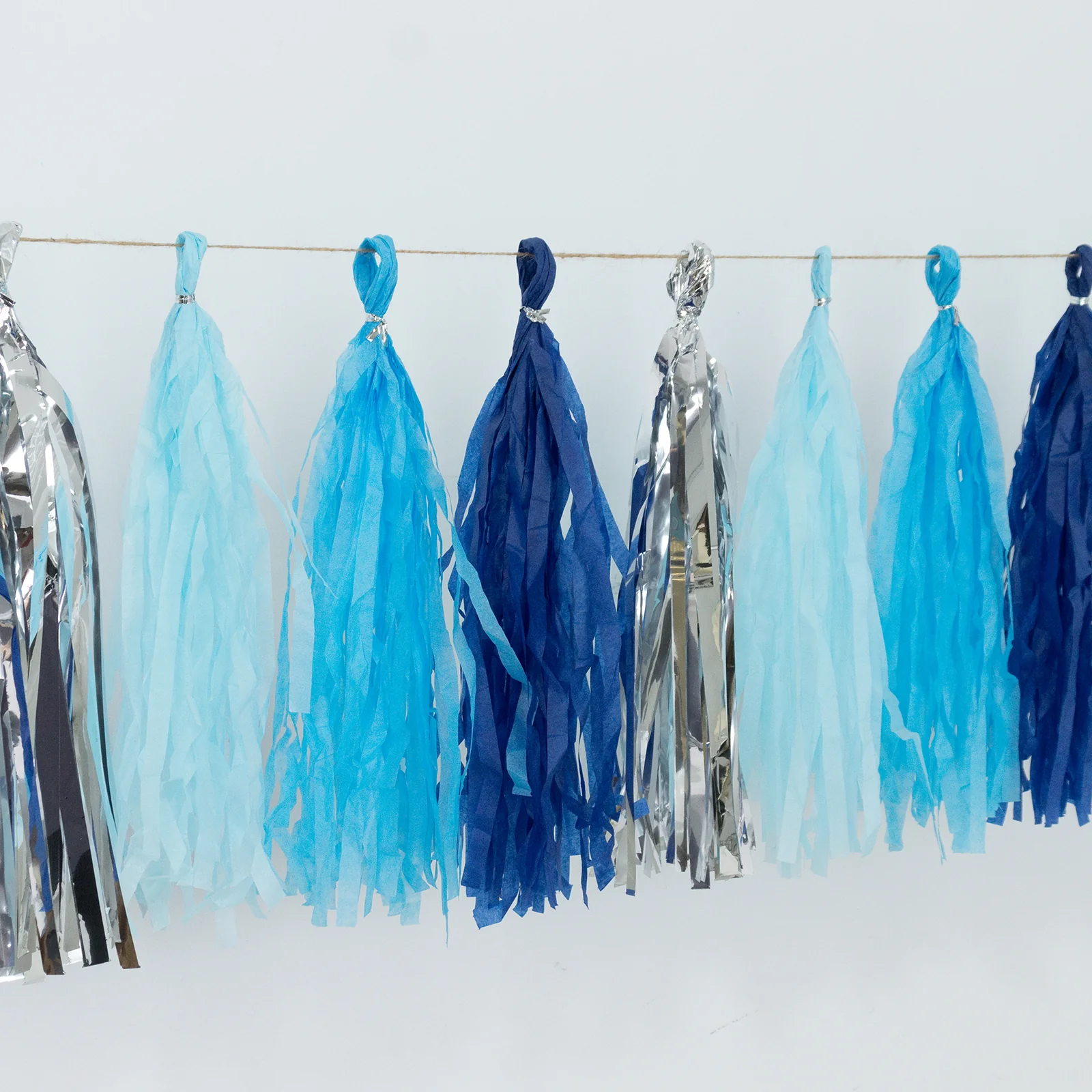 16 Pack Pre-Tied Foil Tassel Garland Party Decoration – Blue & Silver Paper Tassels with 10ft Hanging String - Image 7