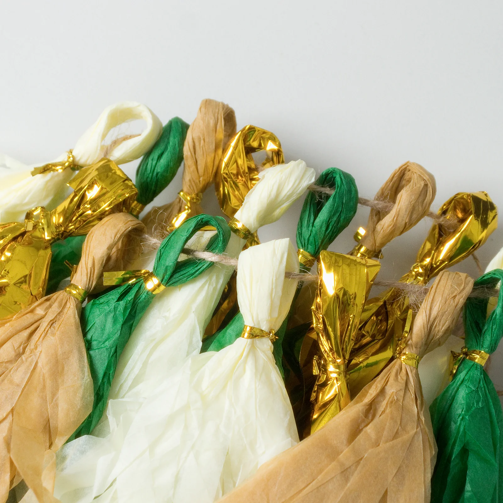 16 Pack Pre-Tied Foil Tassel Garland Party Decoration – Gold & Green Paper Tassels with 10ft Hanging String - Image 7