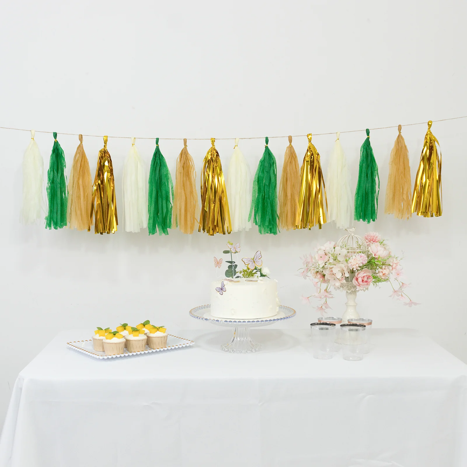 16 Pack Pre-Tied Foil Tassel Garland Party Decoration – Gold & Green Paper Tassels with 10ft Hanging String - Image 8