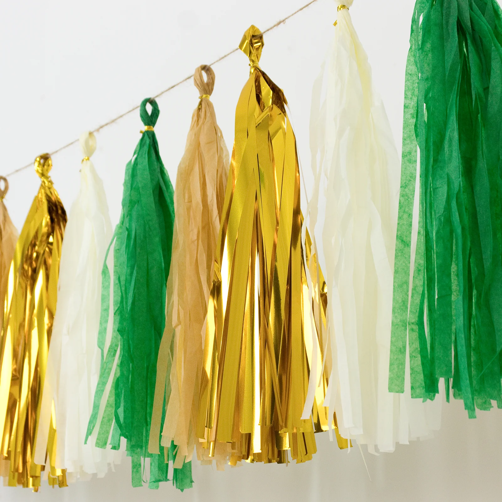 16 Pack Pre-Tied Foil Tassel Garland Party Decoration – Gold & Green Paper Tassels with 10ft Hanging String - Image 9