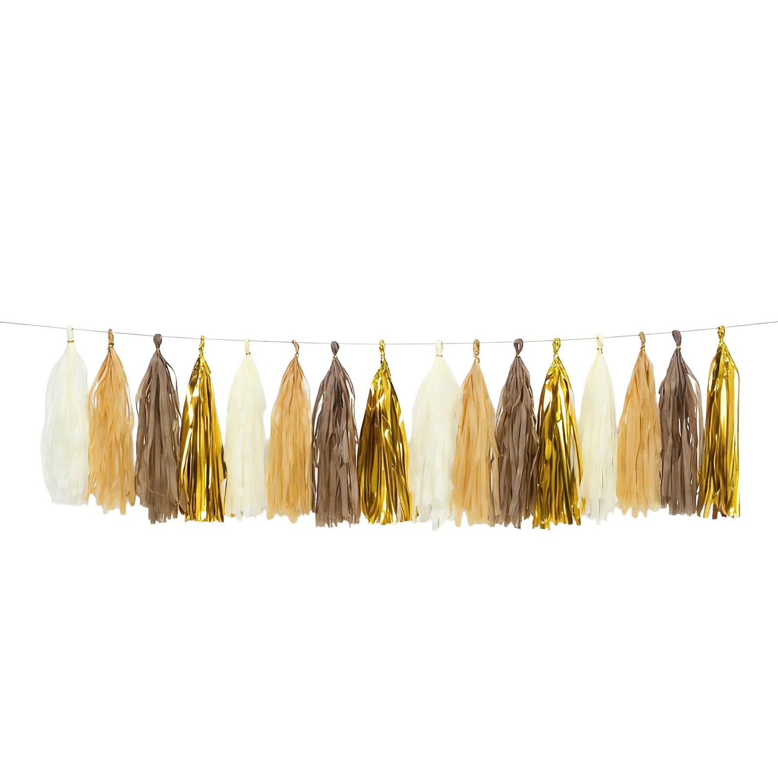 16 Pack Pre-Tied Foil Tassel Garland Party Decoration – Natural & Gold Paper Tassels with 10ft Hanging String - Image 2