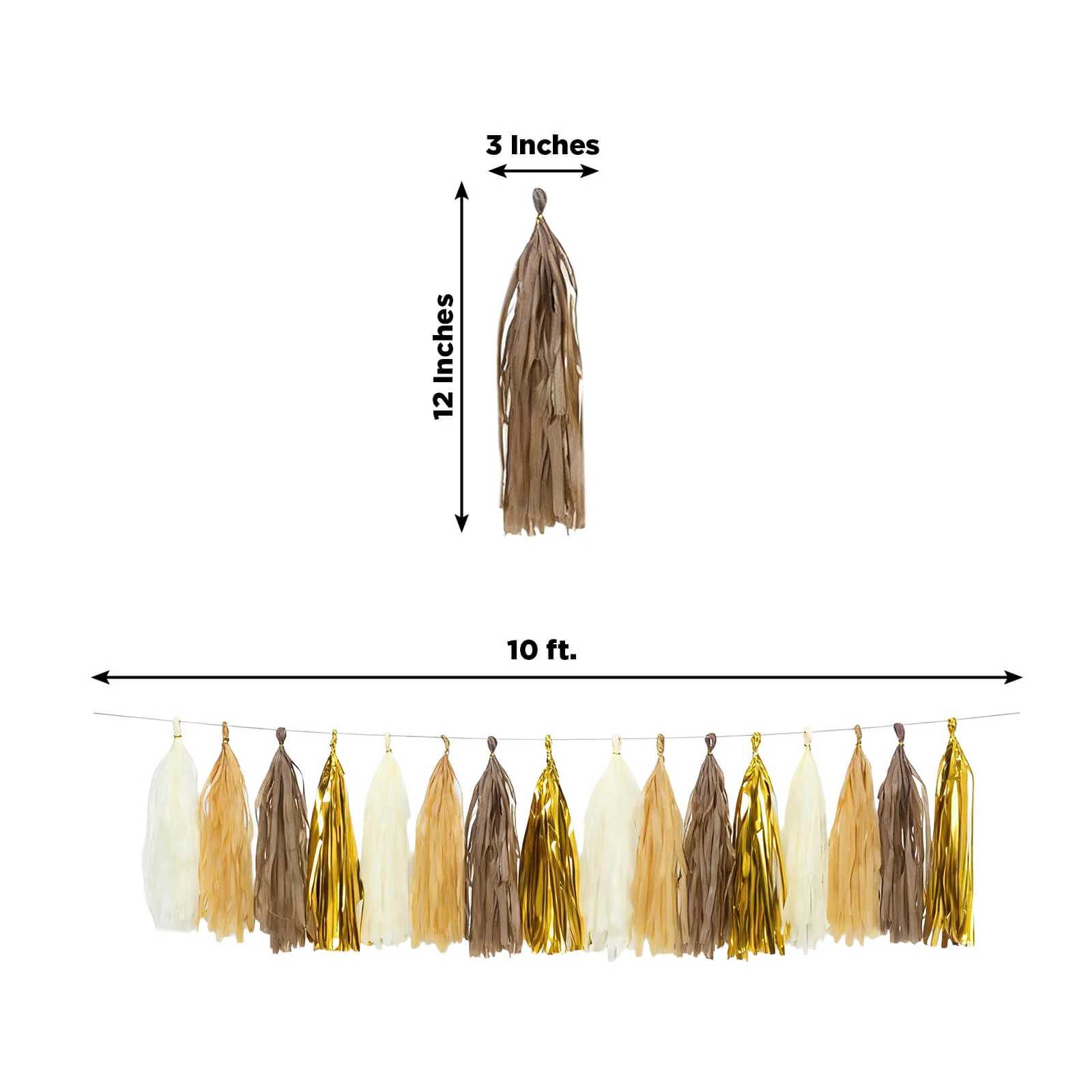16 Pack Pre-Tied Foil Tassel Garland Party Decoration – Natural & Gold Paper Tassels with 10ft Hanging String - Image 3