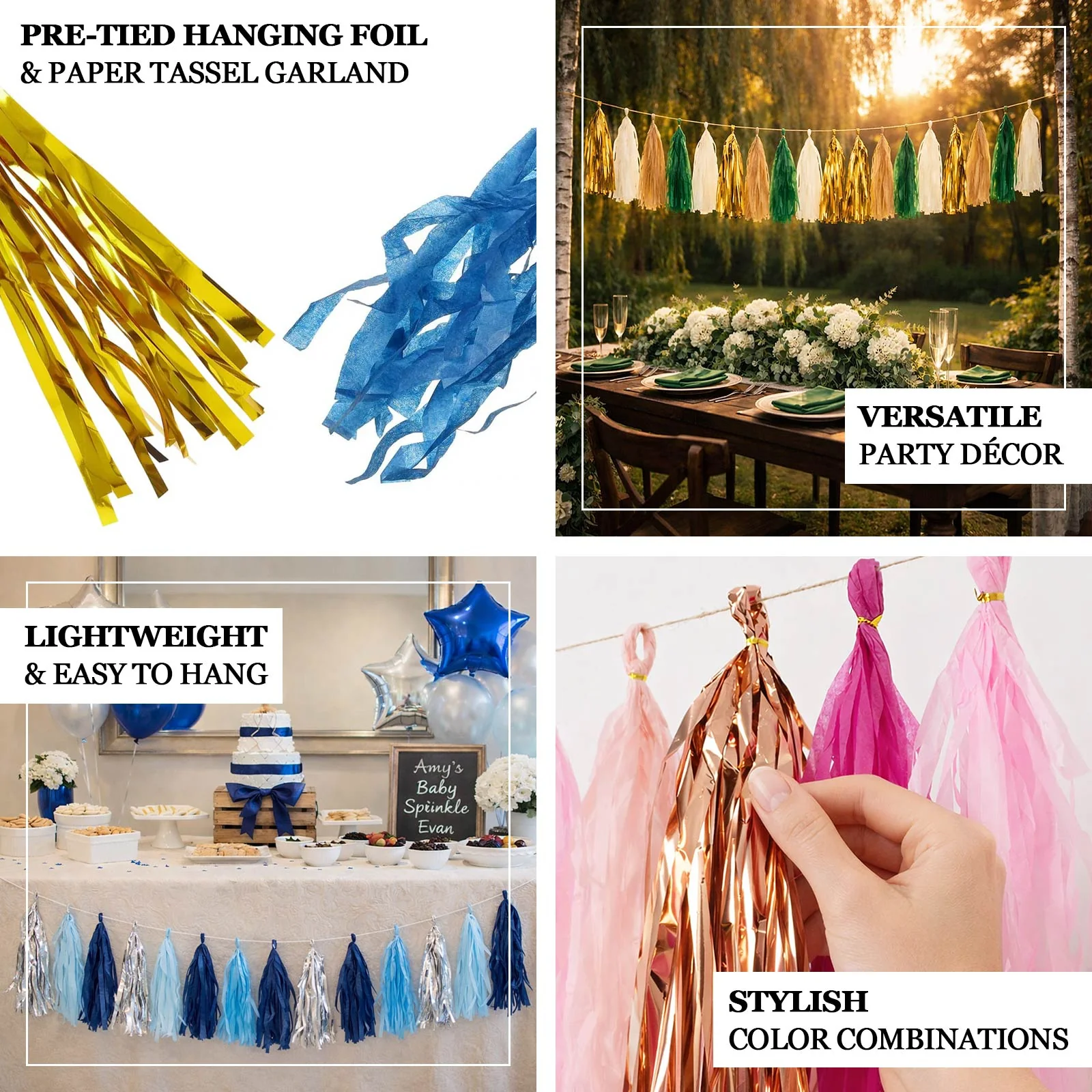 16 Pack Pre-Tied Foil Tassel Garland Party Decoration – Natural & Gold Paper Tassels with 10ft Hanging String - Image 4
