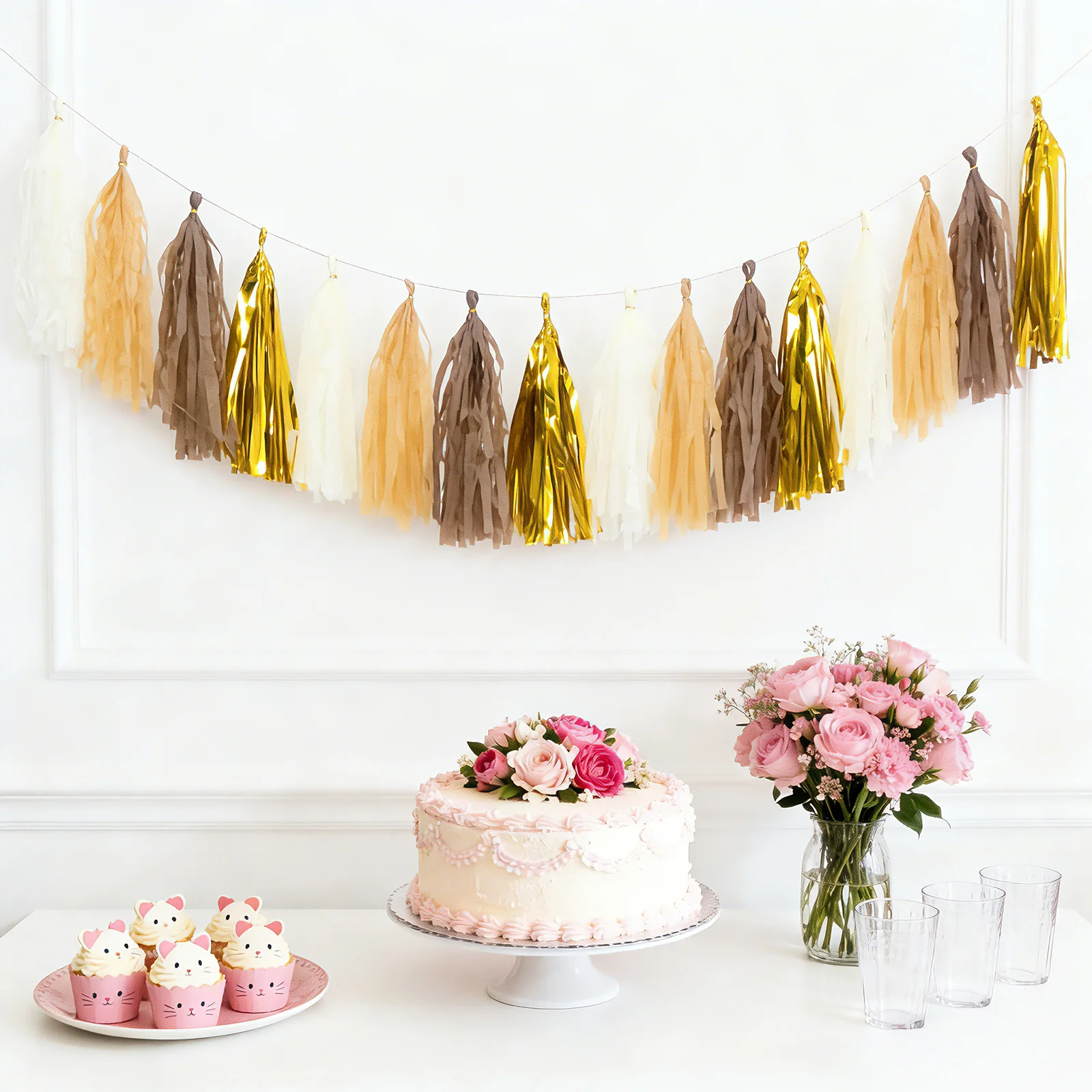 16 Pack Pre-Tied Foil Tassel Garland Party Decoration – Natural & Gold Paper Tassels with 10ft Hanging String - Image 6