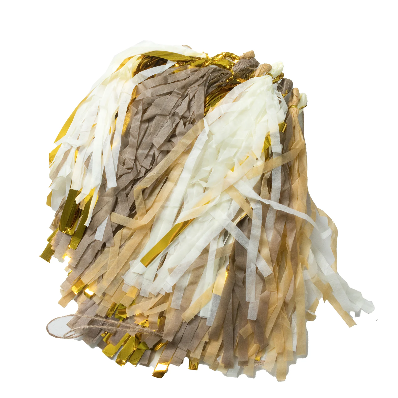16 Pack Pre-Tied Foil Tassel Garland Party Decoration – Natural & Gold Paper Tassels with 10ft Hanging String - Image 7