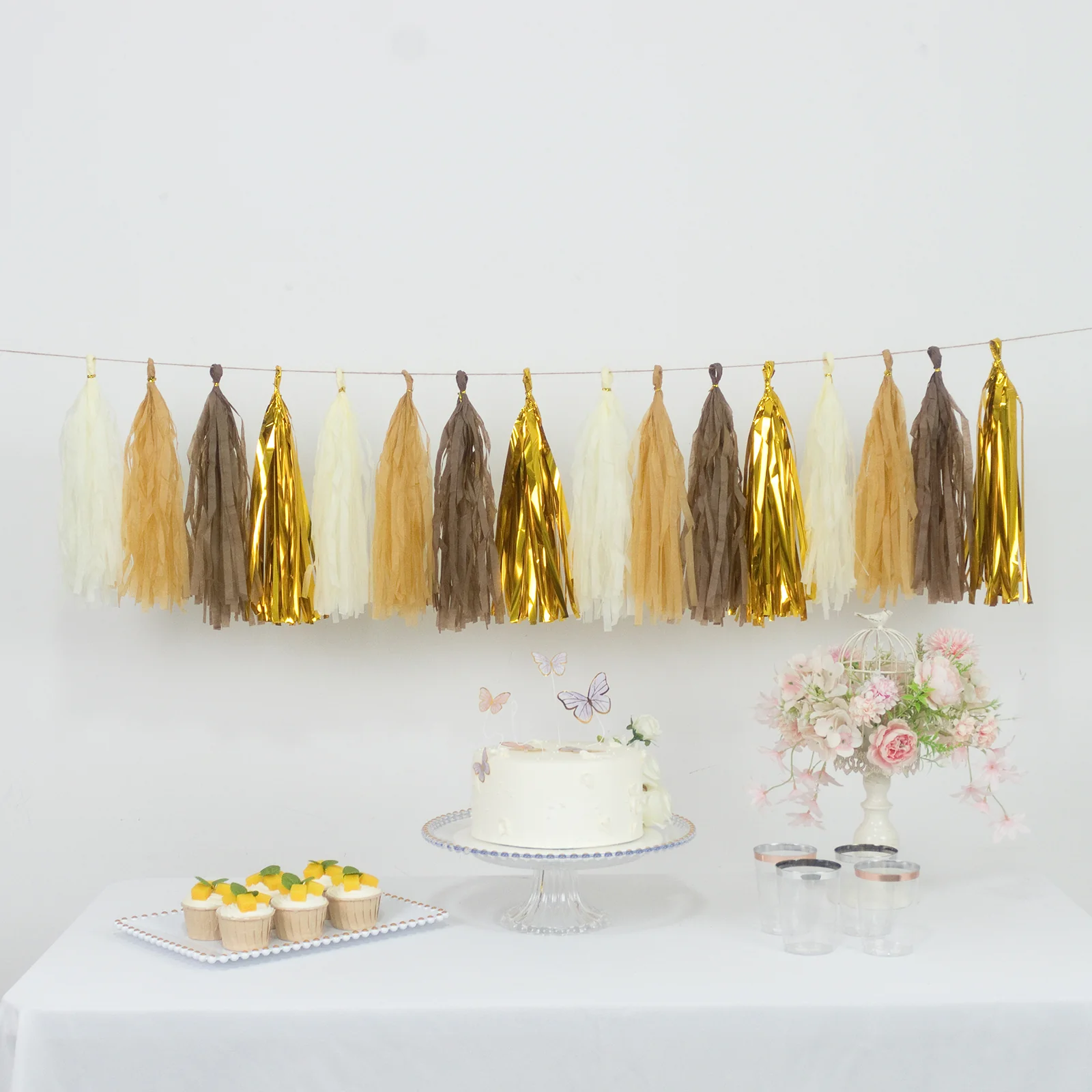 16 Pack Pre-Tied Foil Tassel Garland Party Decoration – Natural & Gold Paper Tassels with 10ft Hanging String - Image 8