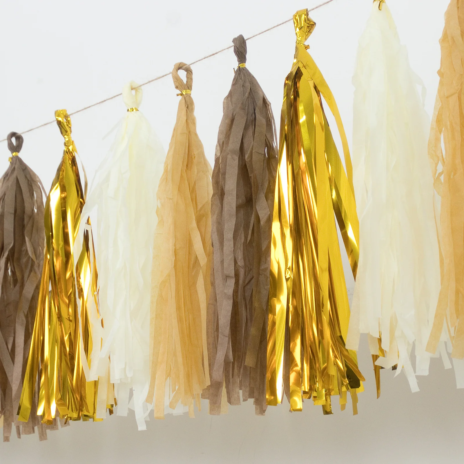 16 Pack Pre-Tied Foil Tassel Garland Party Decoration – Natural & Gold Paper Tassels with 10ft Hanging String - Image 9