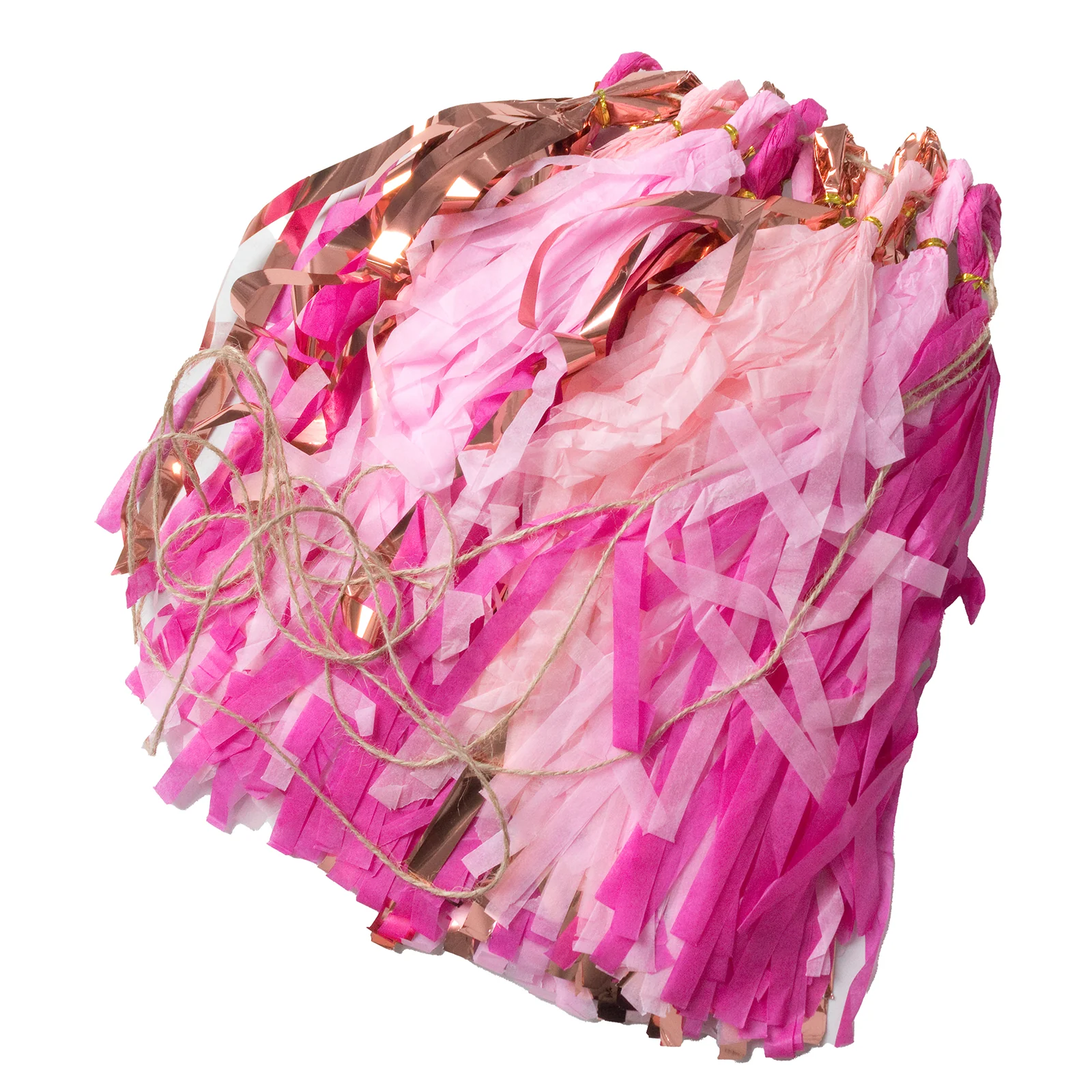 16 Pack Pre-Tied Foil Tassel Garland Party Decoration – Pink & Rose Gold Paper Tassels with 10ft Hanging String - Image 7